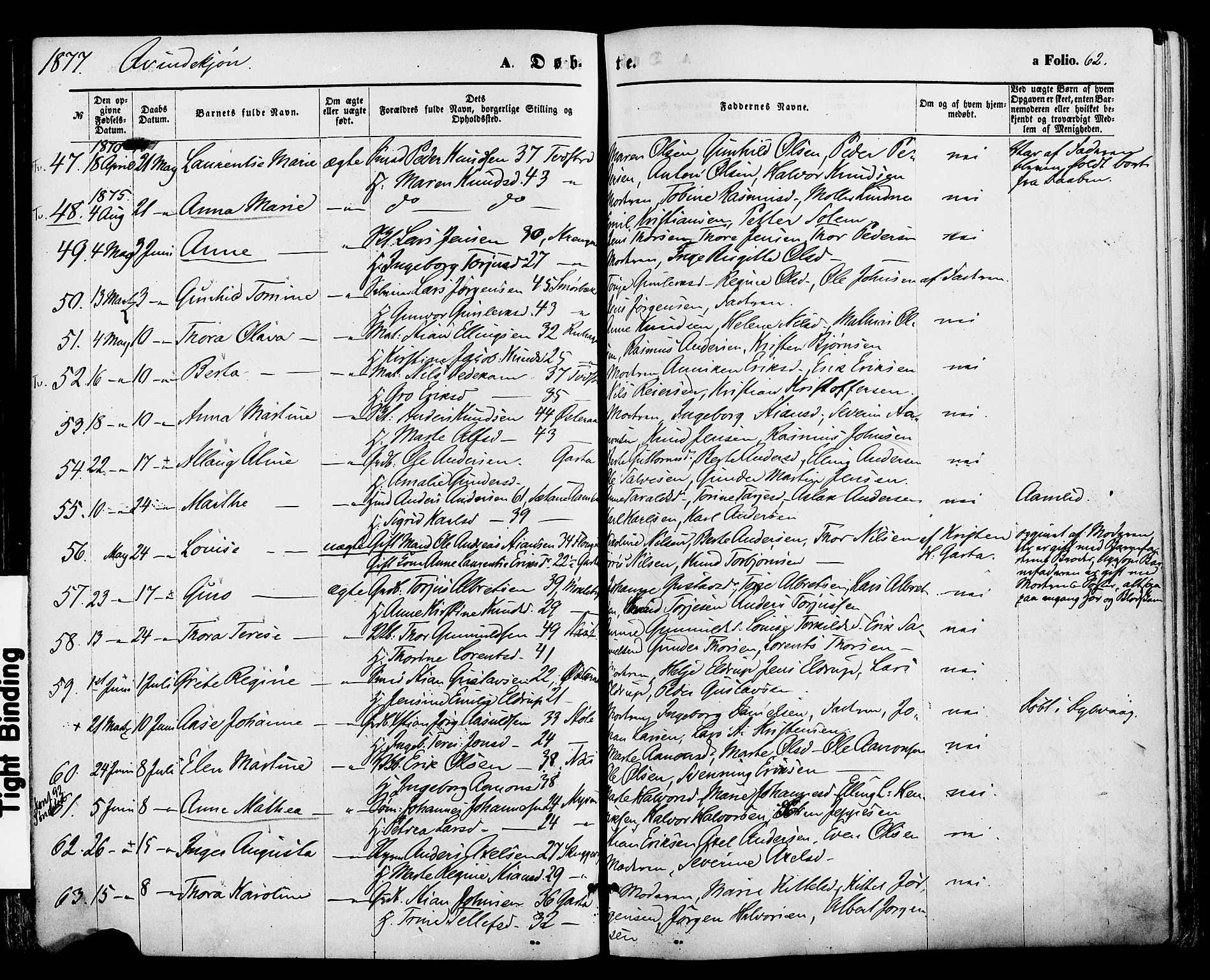 Holt sokneprestkontor, AV/SAK-1111-0021/F/Fa/L0010: Parish register (official) no. A 10, 1872-1885, p. 62