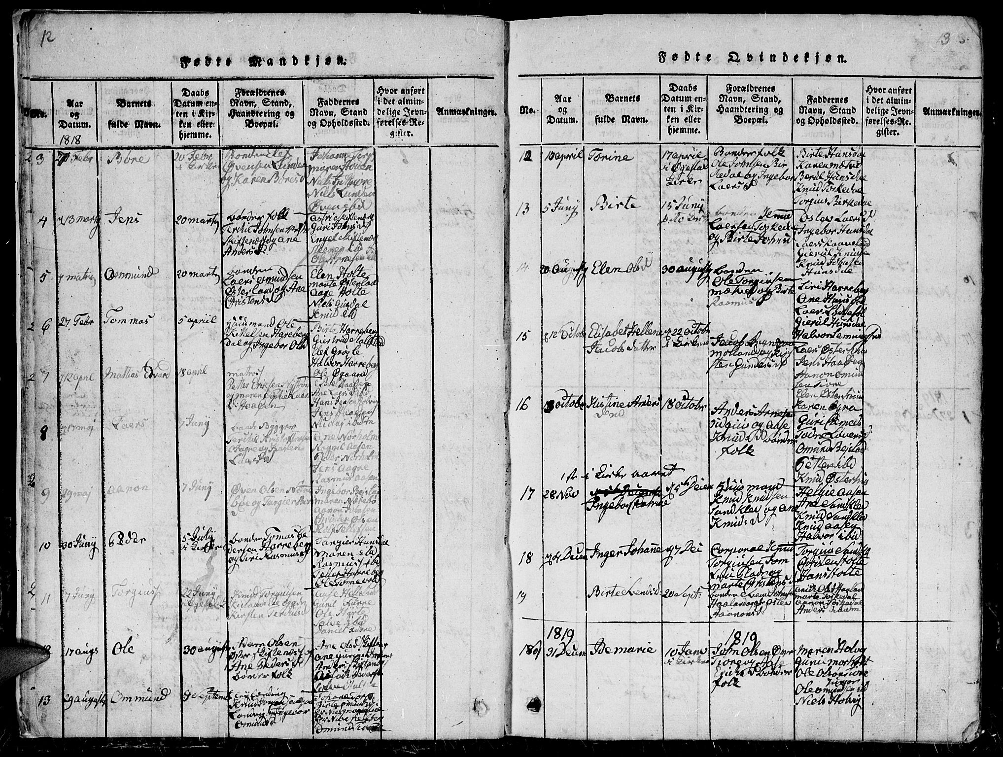 Hommedal sokneprestkontor, AV/SAK-1111-0023/F/Fb/Fbb/L0003: Parish register (copy) no. B 3 /1, 1816-1850, p. 12-13