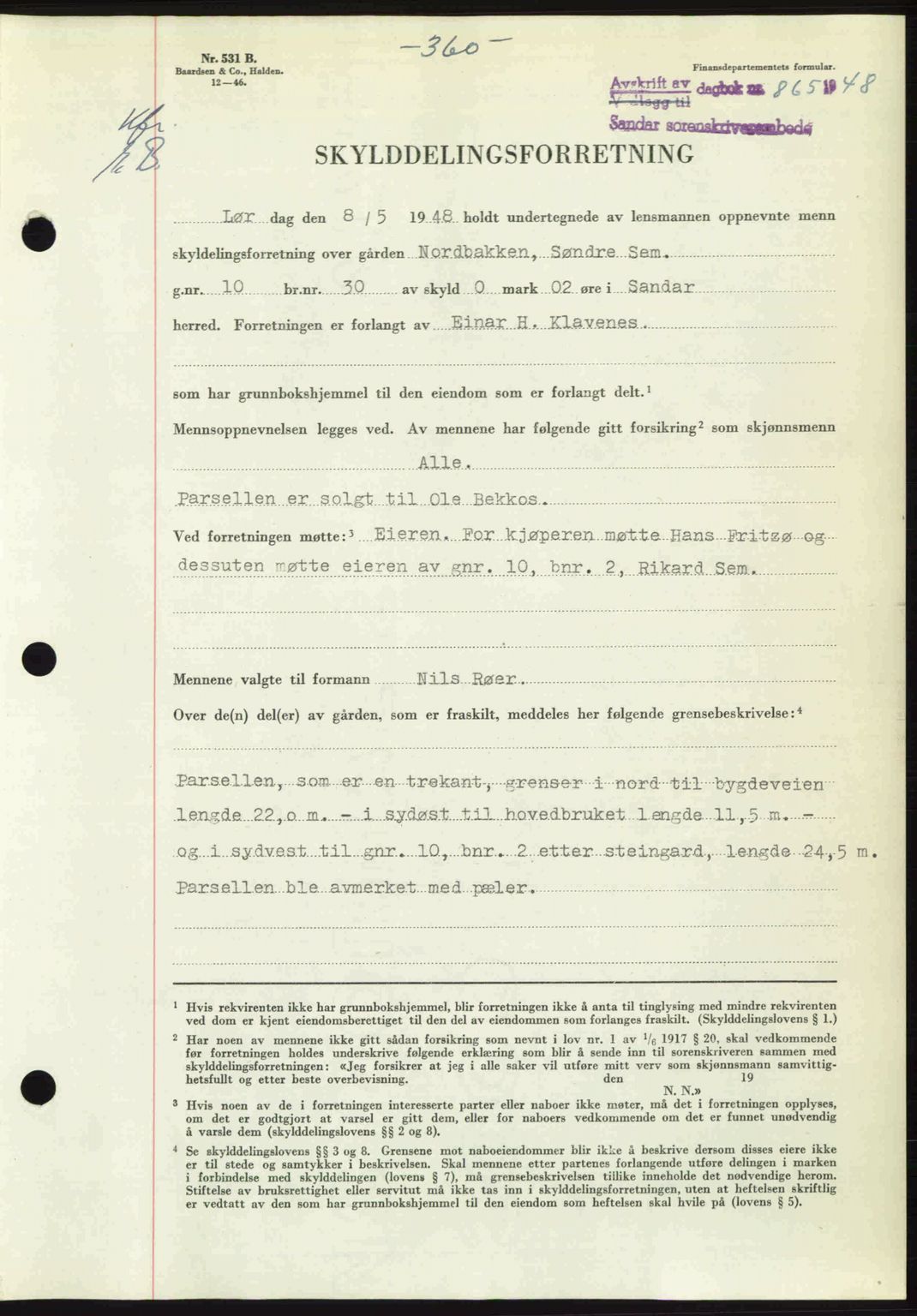 Sandar sorenskriveri, AV/SAKO-A-86/G/Ga/Gaa/L0016: Mortgage book no. A-16, 1947-1948, Diary no: : 865/1948