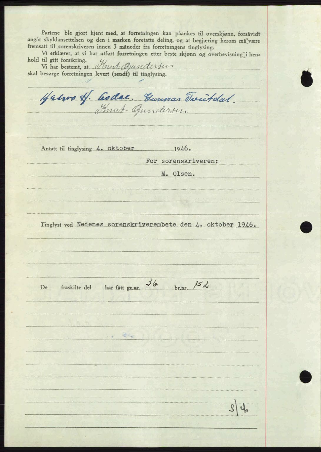 Nedenes sorenskriveri, AV/SAK-1221-0006/G/Gb/Gba/L0056: Mortgage book no. A8, 1946-1947, Diary no: : 1241/1946