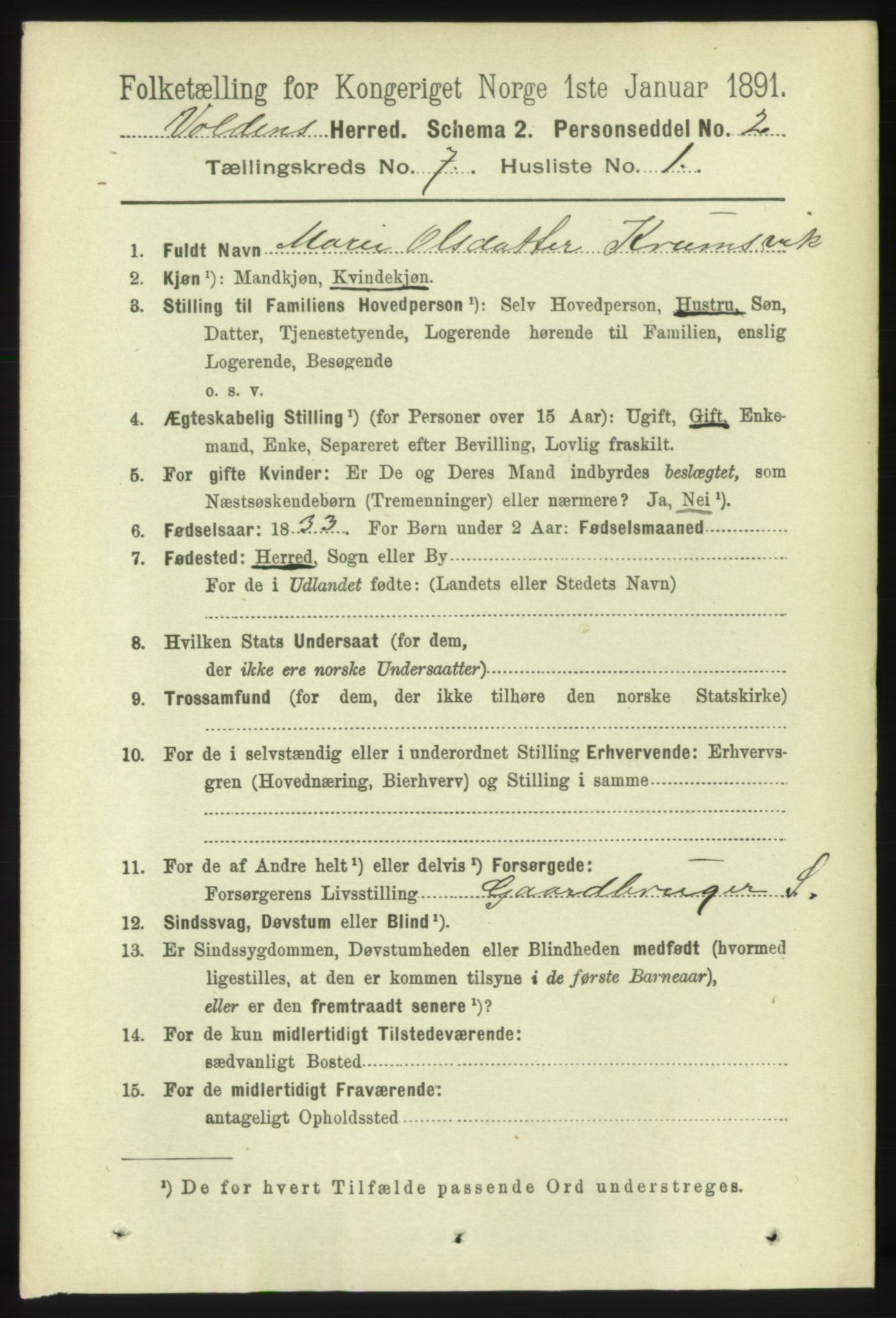 RA, 1891 census for 1519 Volda, 1891, p. 3351