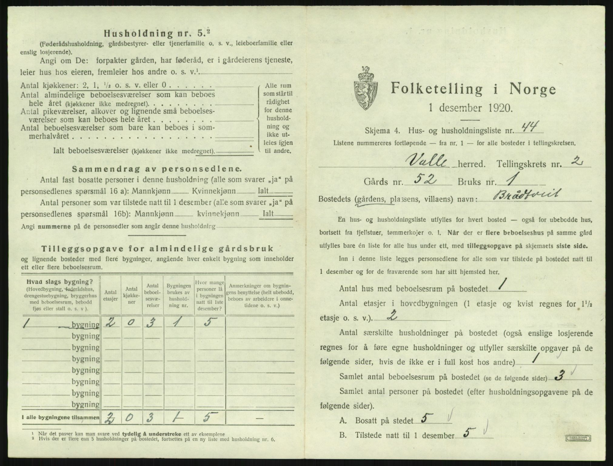 SAK, 1920 census for Valle, 1920, p. 203