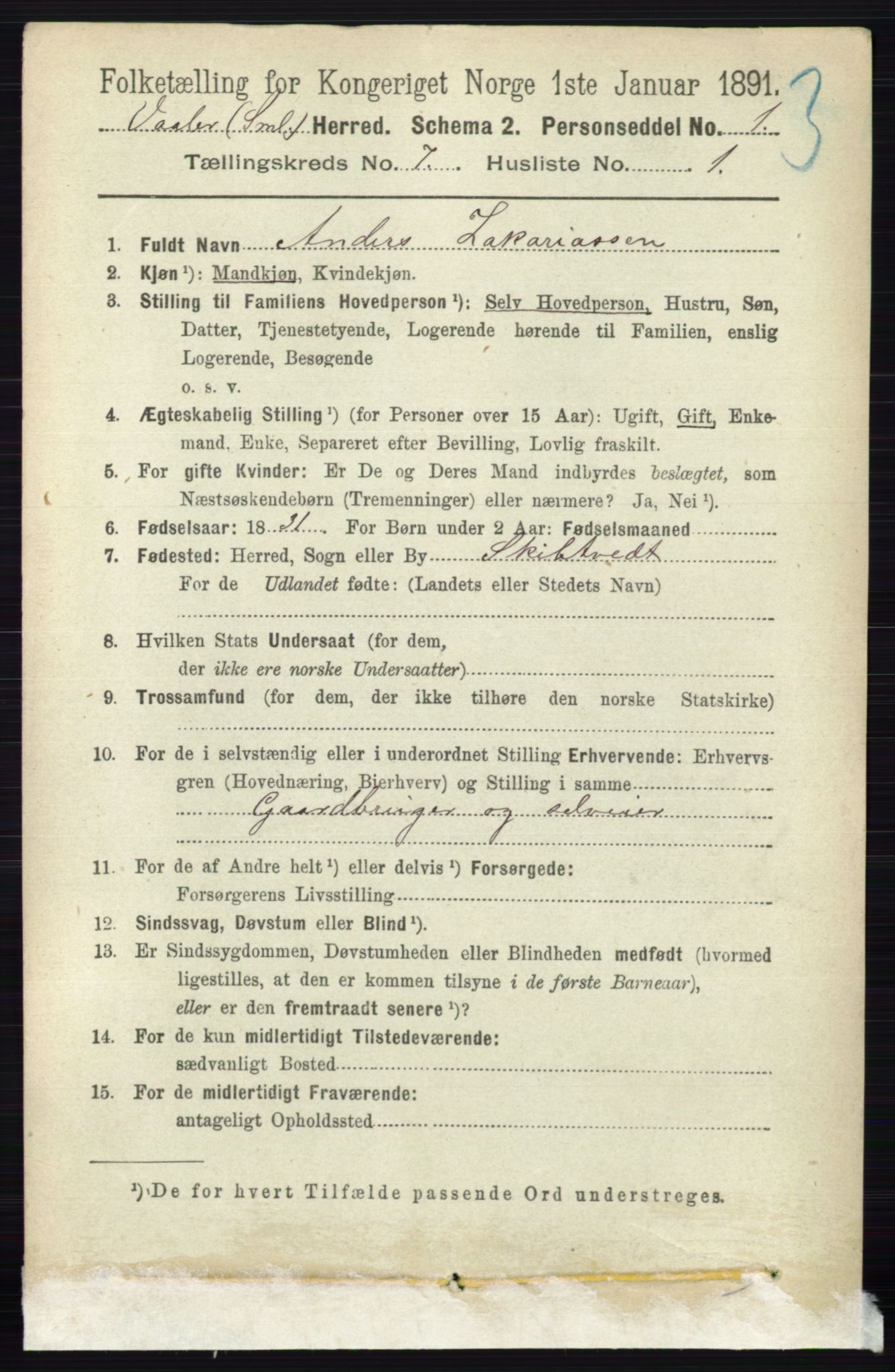 RA, 1891 census for 0137 Våler, 1891, p. 2846