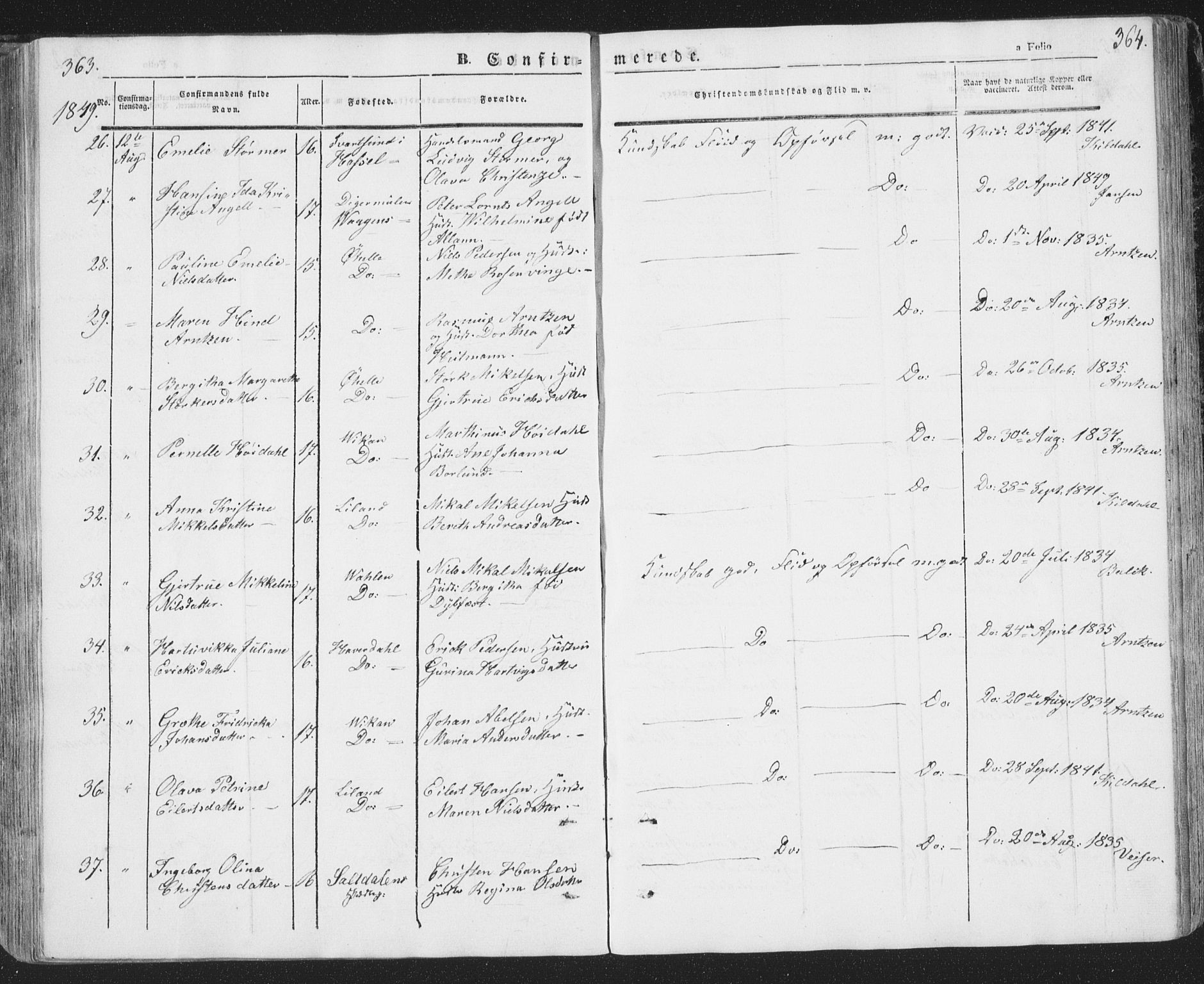 Ministerialprotokoller, klokkerbøker og fødselsregistre - Nordland, AV/SAT-A-1459/874/L1072: Parish register (copy) no. 874C01, 1843-1859, p. 363-364