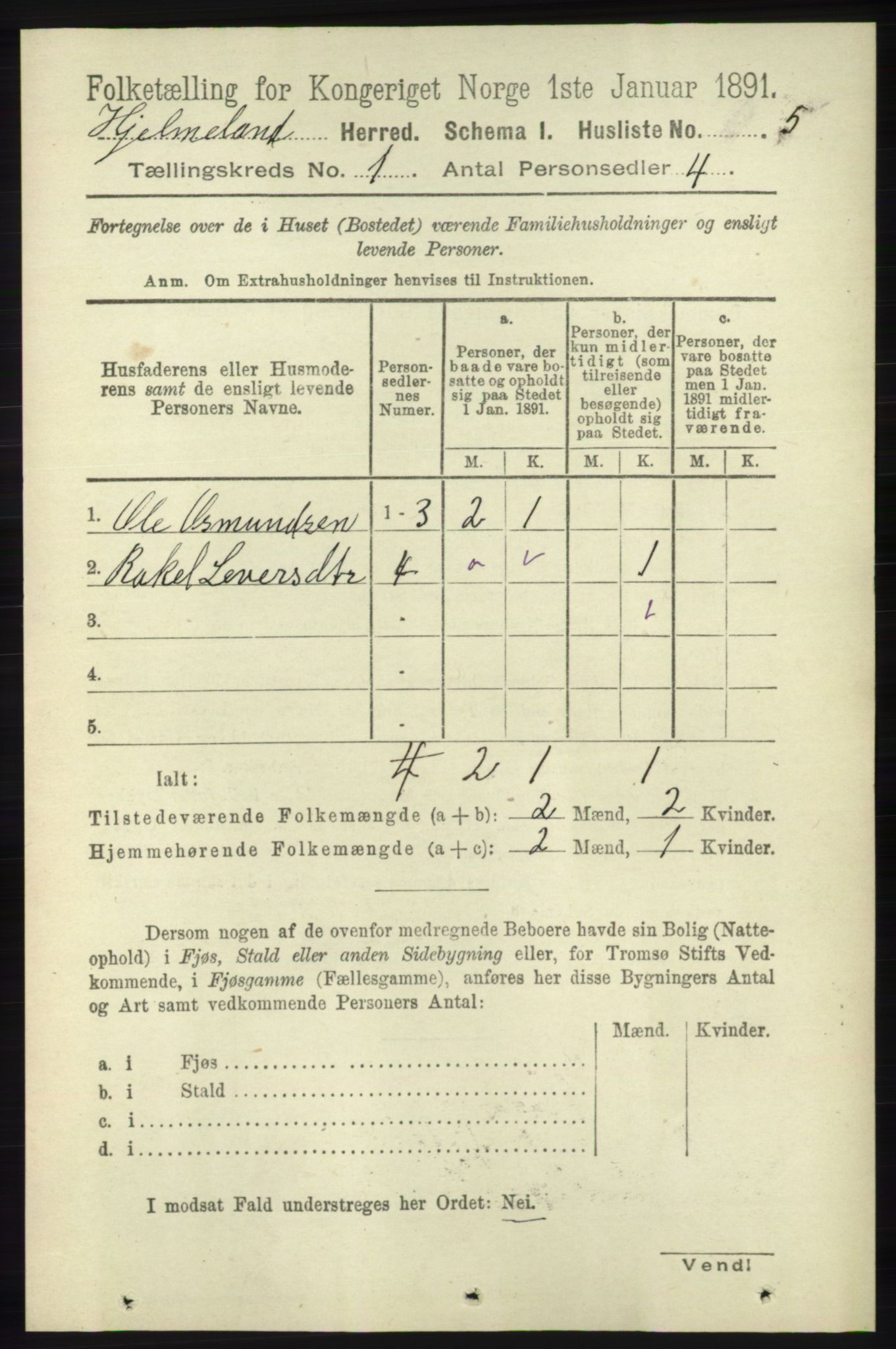 RA, 1891 census for 1133 Hjelmeland, 1891, p. 27