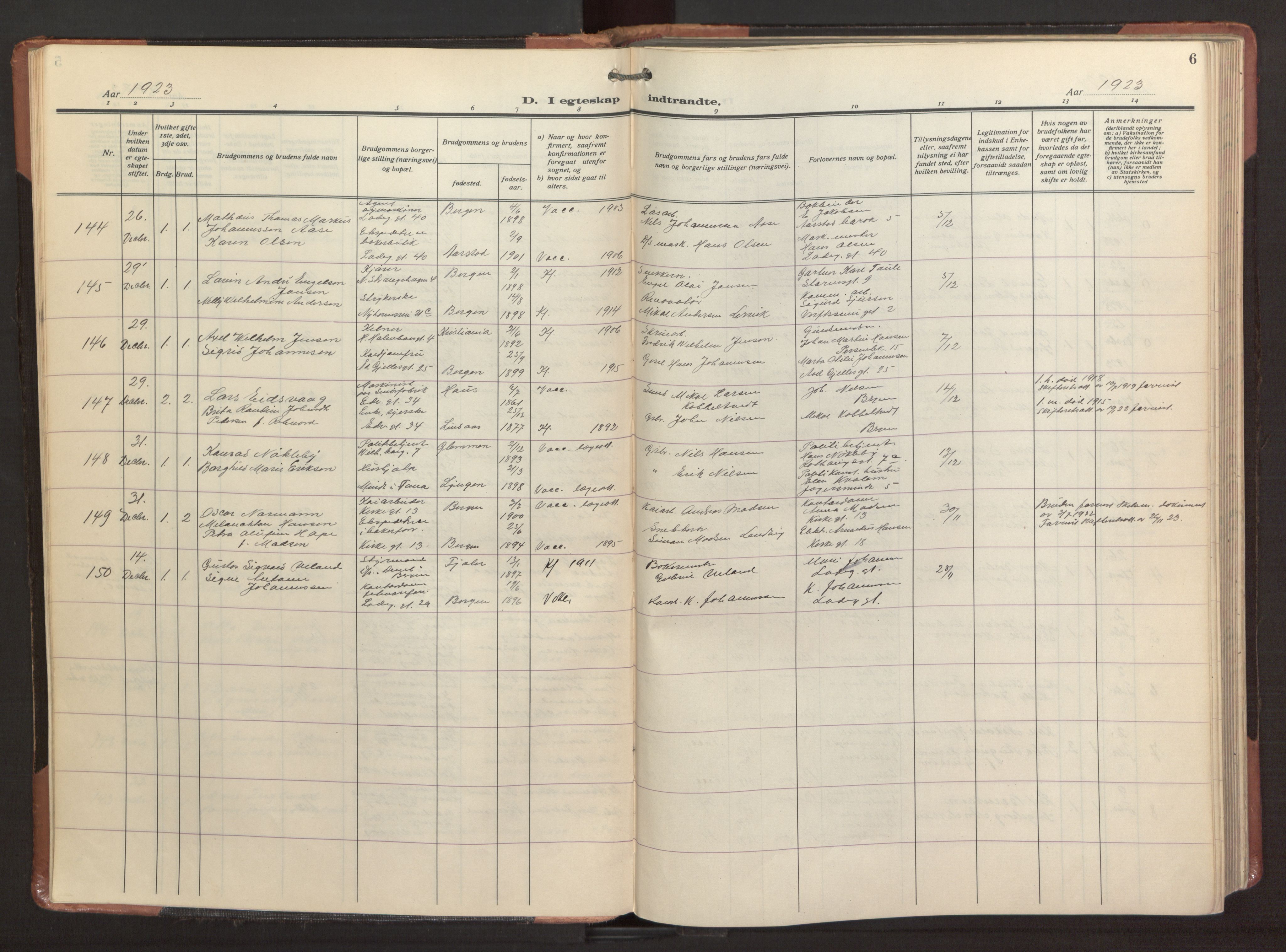 Sandviken Sokneprestembete, SAB/A-77601/H/Ha/L0016: Parish register (official) no. D 3, 1923-1940, p. 6