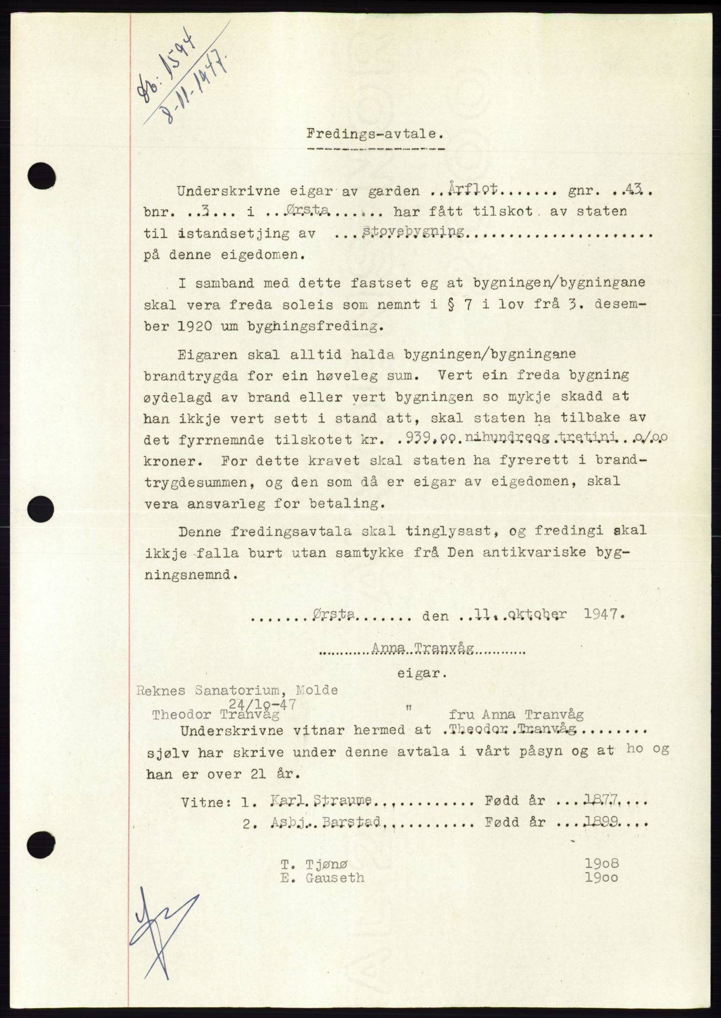 Søre Sunnmøre sorenskriveri, AV/SAT-A-4122/1/2/2C/L0081: Mortgage book no. 7A, 1947-1948, Diary no: : 1594/1947