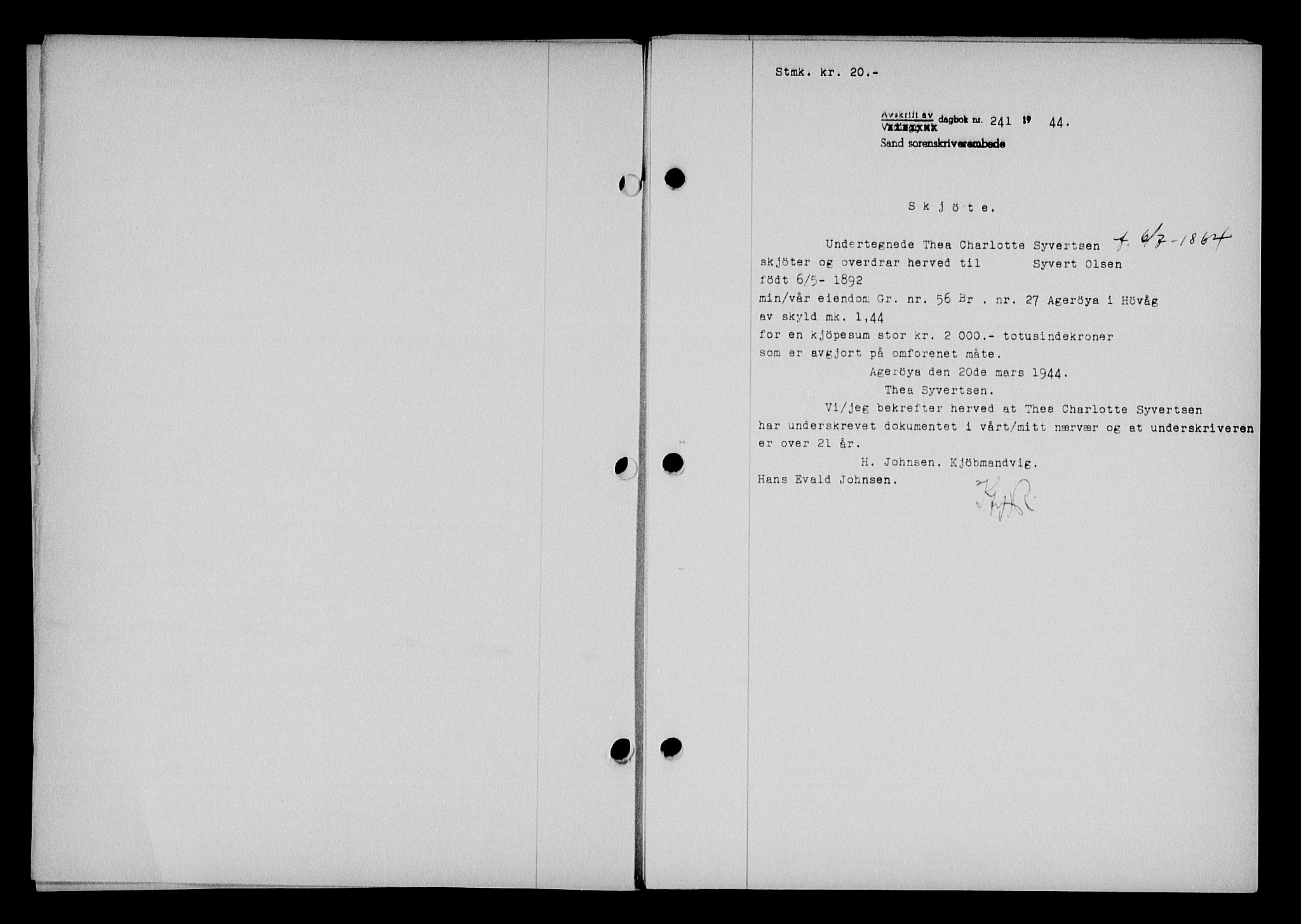 Vestre Nedenes/Sand sorenskriveri, SAK/1221-0010/G/Gb/Gba/L0053: Mortgage book no. A 6, 1944-1945, Diary no: : 241/1944