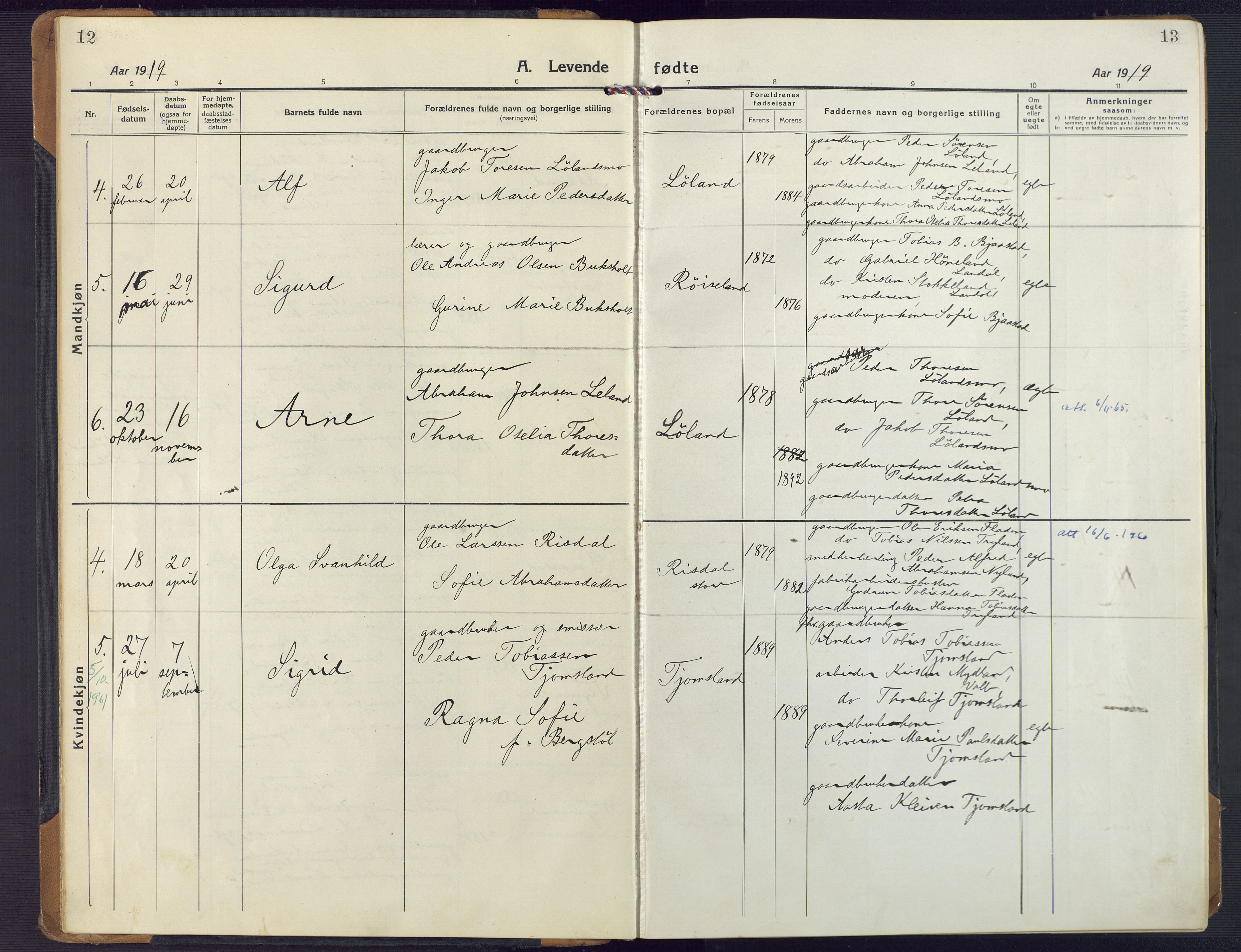Nord-Audnedal sokneprestkontor, SAK/1111-0032/F/Fa/Fab/L0005: Parish register (official) no. A 5, 1918-1925, p. 12-13