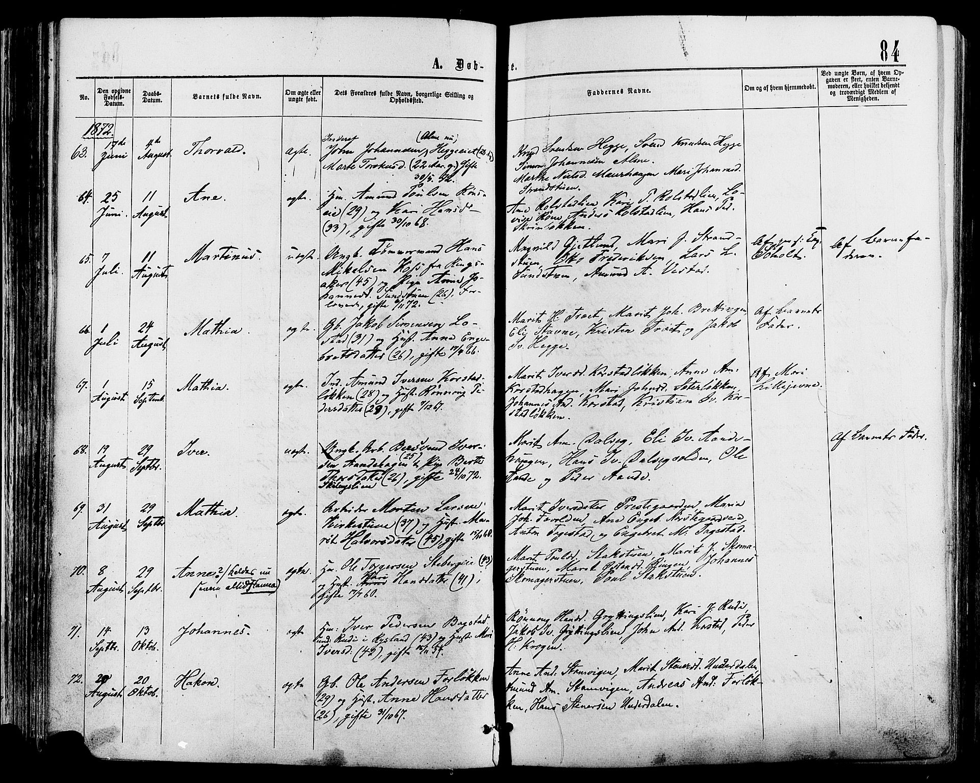 Sør-Fron prestekontor, AV/SAH-PREST-010/H/Ha/Haa/L0002: Parish register (official) no. 2, 1864-1880, p. 84