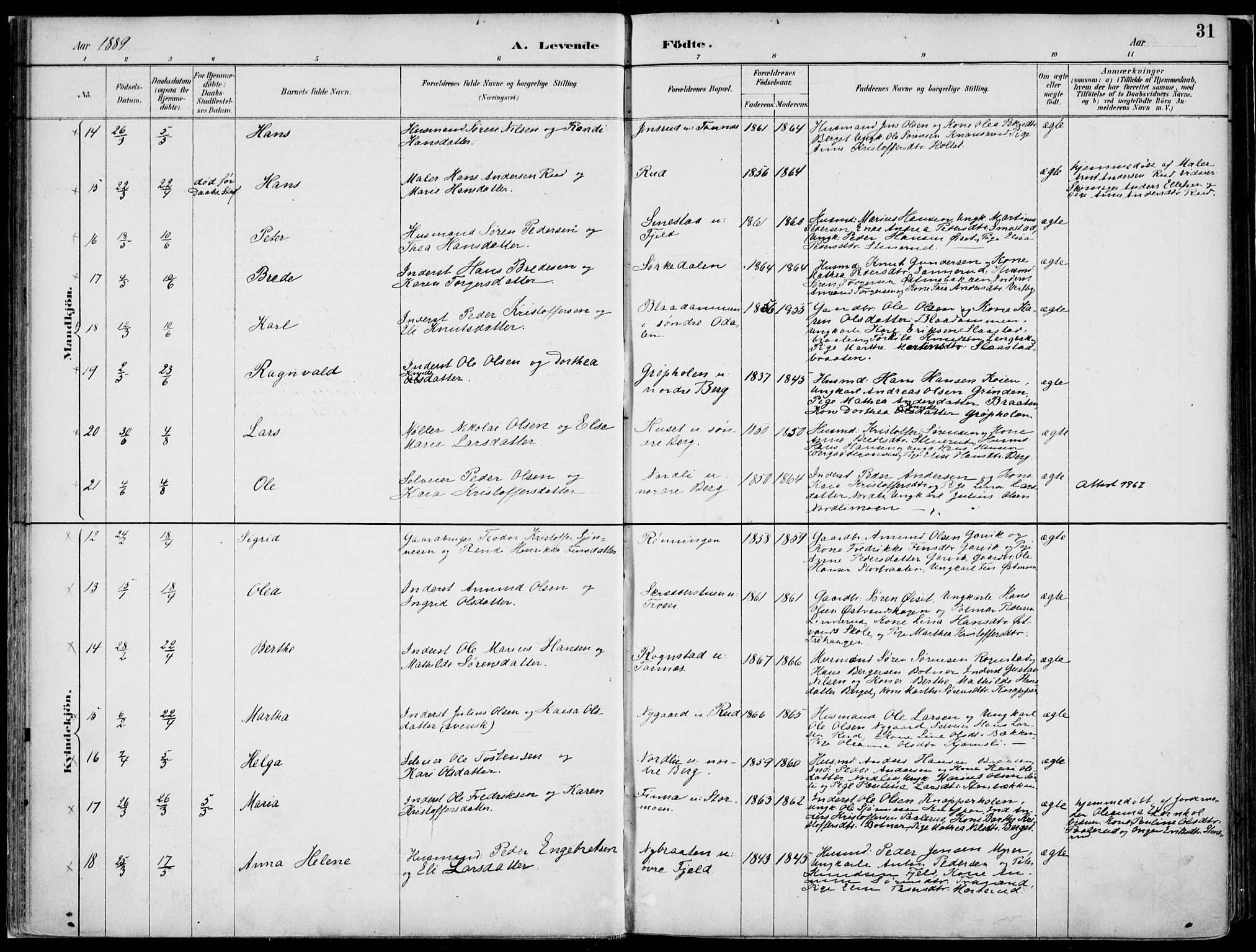 Nord-Odal prestekontor, SAH/PREST-032/H/Ha/Haa/L0008: Parish register (official) no. 8, 1886-1901, p. 31