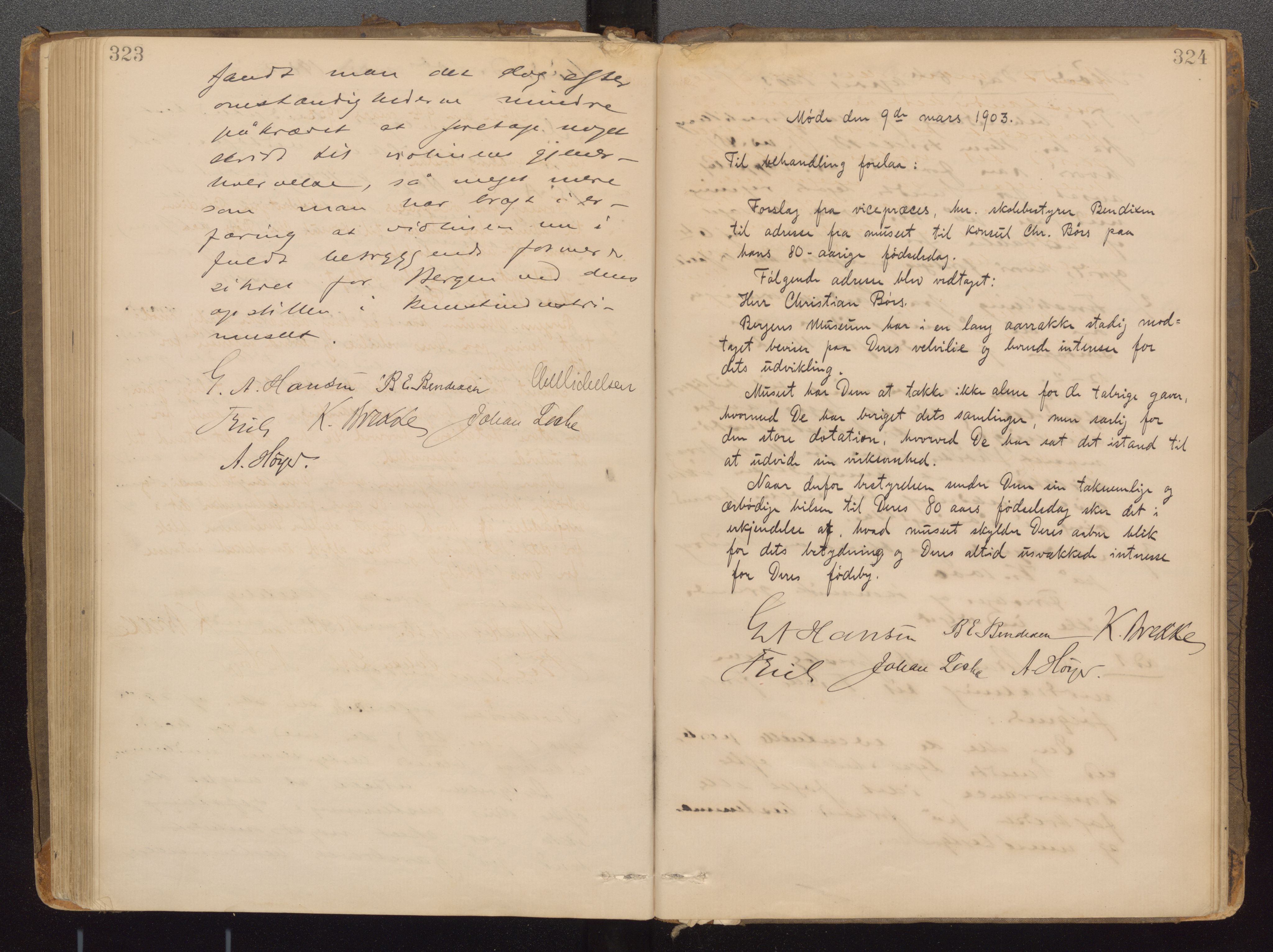 Bergens Museum, UMB/A007/A/Aa/L0007: Forhandlingsprotokoll , 1872-1906, p. 323,324