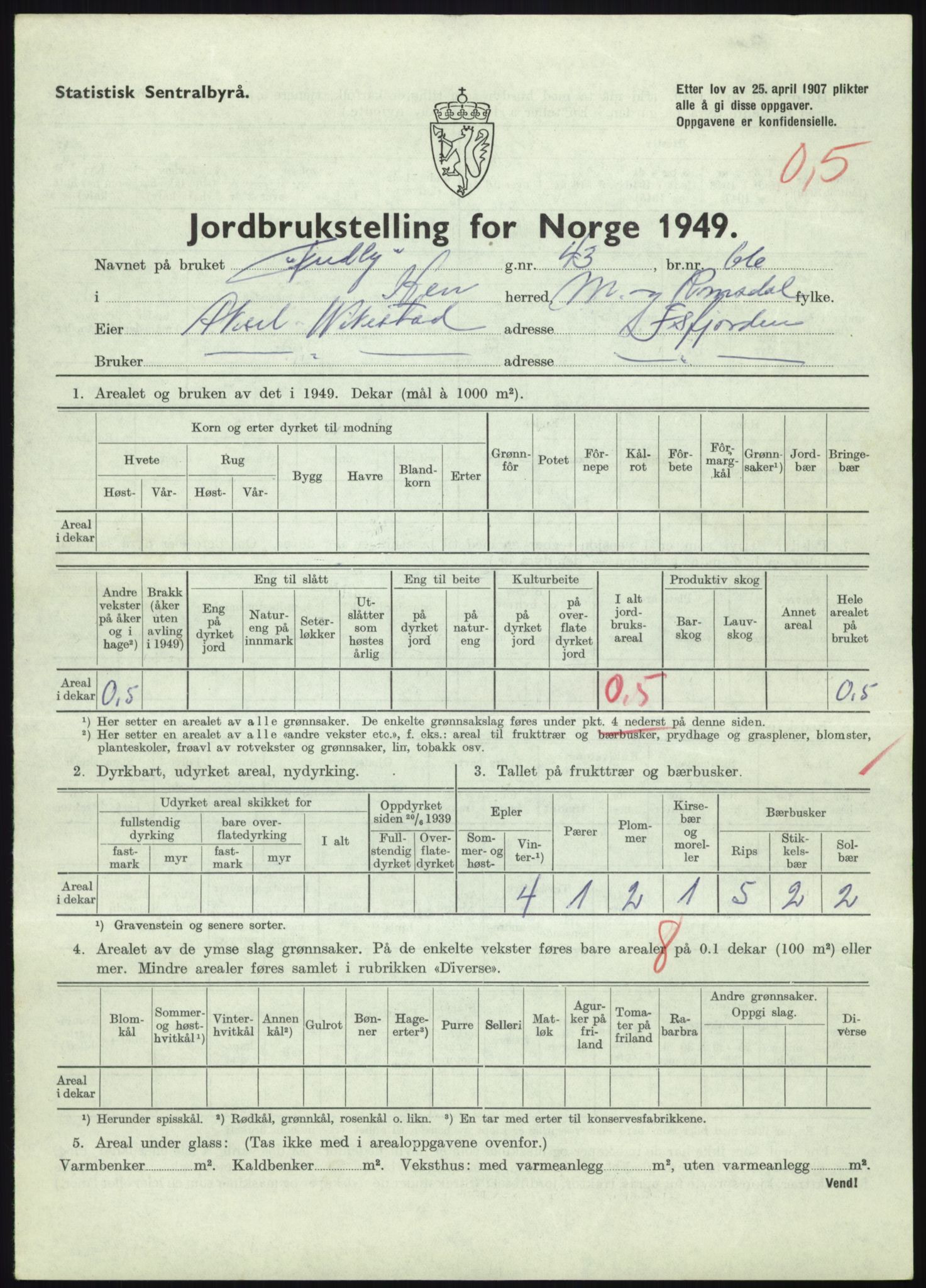 Statistisk sentralbyrå, Næringsøkonomiske emner, Jordbruk, skogbruk, jakt, fiske og fangst, AV/RA-S-2234/G/Gc/L0323: Møre og Romsdal: Grytten og Hen, 1949, p. 417