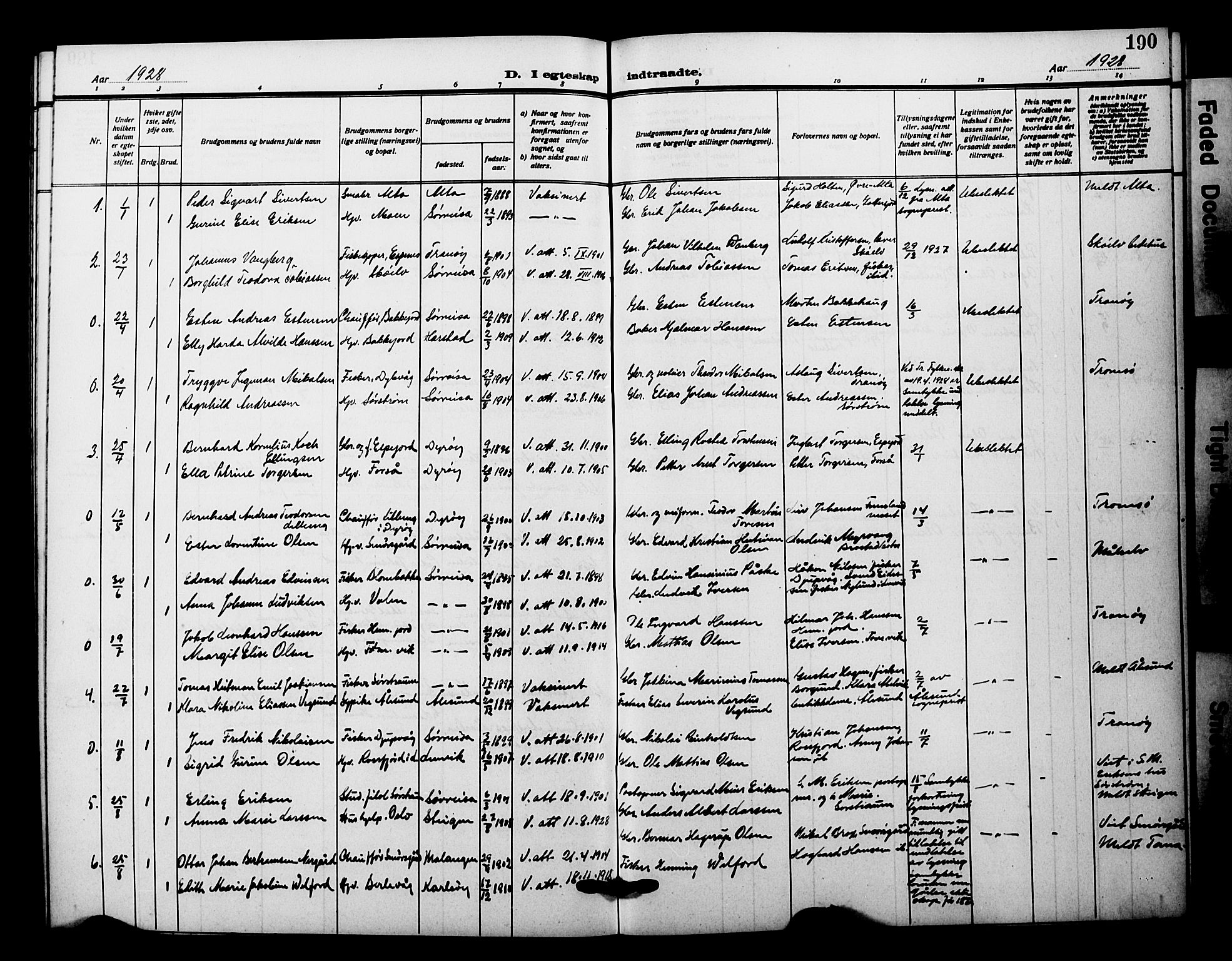 Tranøy sokneprestkontor, SATØ/S-1313/I/Ia/Iab/L0023klokker: Parish register (copy) no. 23, 1913-1928, p. 190