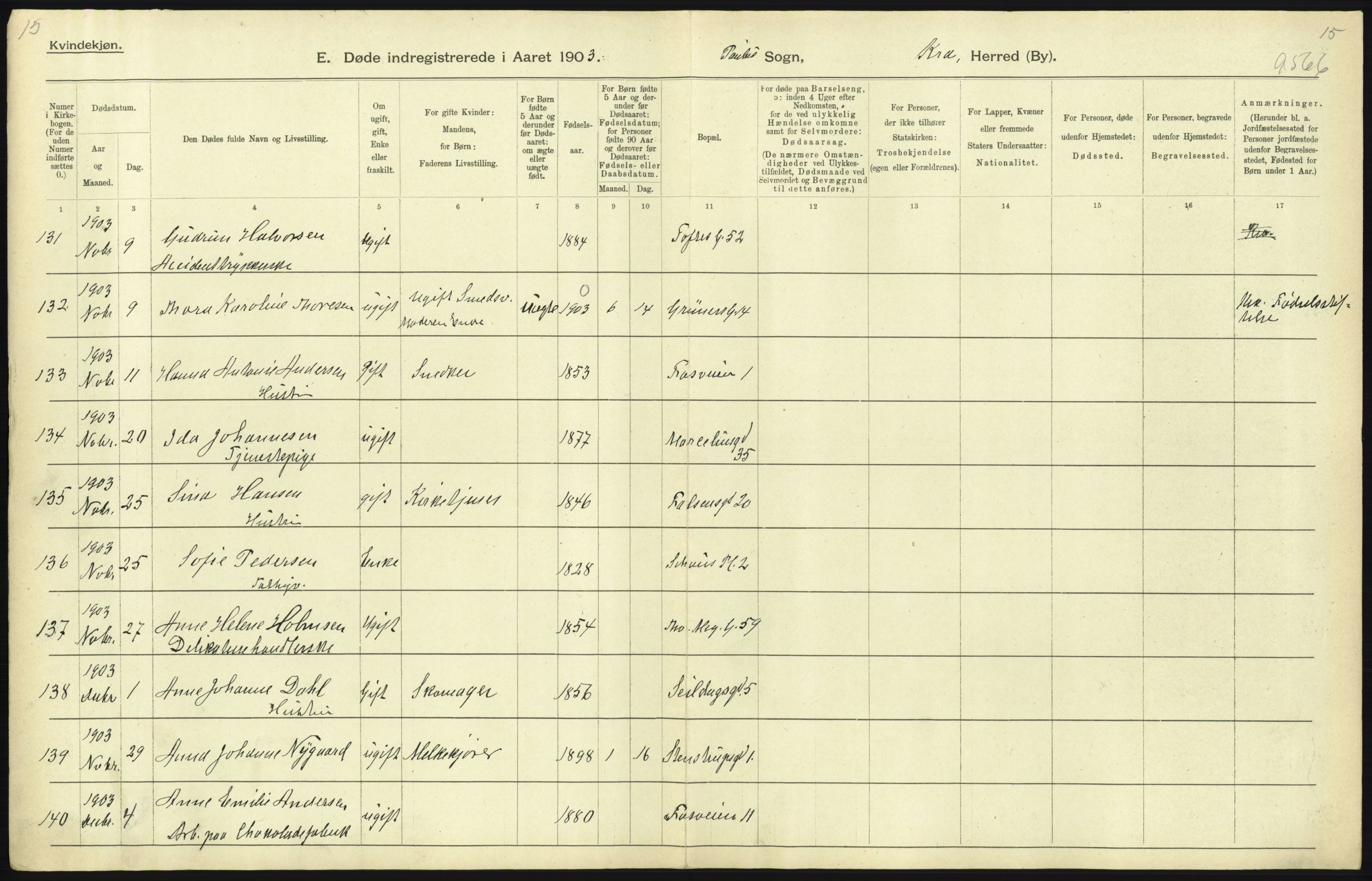 Statistisk sentralbyrå, Sosiodemografiske emner, Befolkning, AV/RA-S-2228/D/Df/Dfa/Dfaa/L0004: Kristiania: Gifte, døde, 1903, p. 327