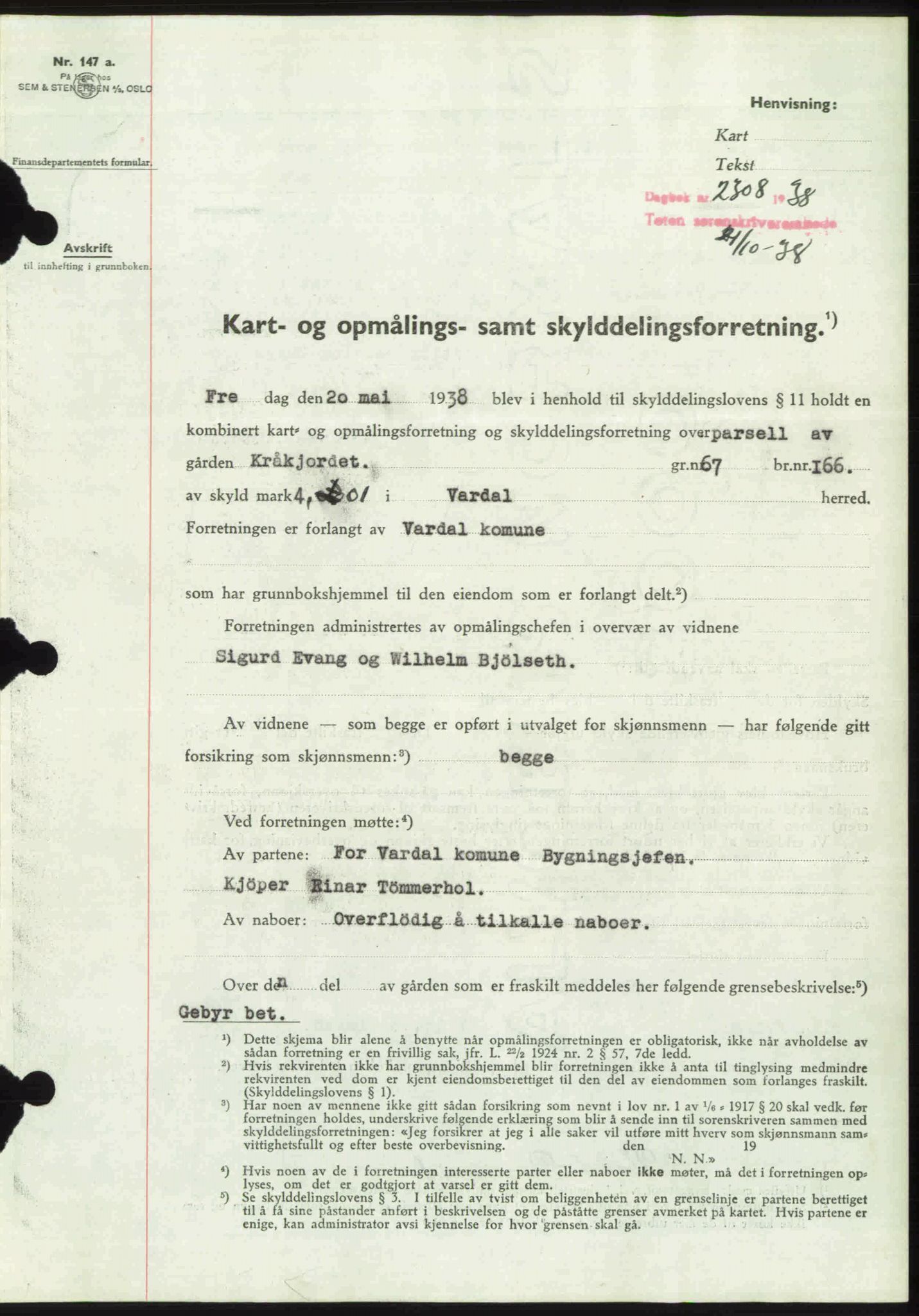 Toten tingrett, SAH/TING-006/H/Hb/Hbc/L0004: Mortgage book no. Hbc-04, 1938-1938, Diary no: : 2308/1938