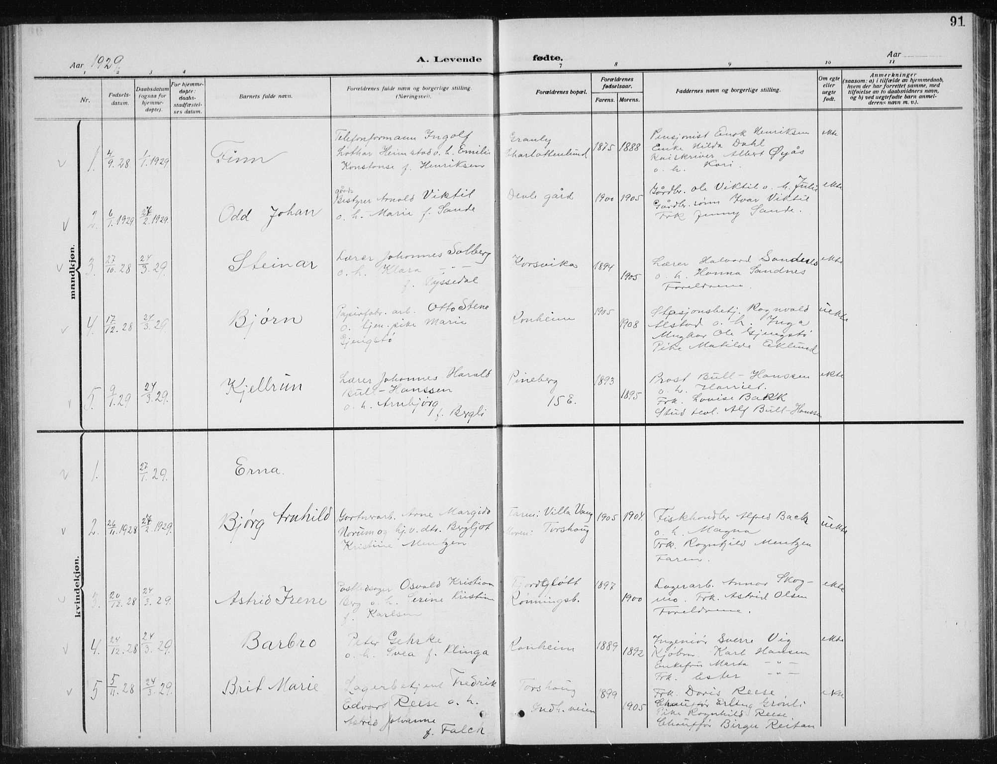 Ministerialprotokoller, klokkerbøker og fødselsregistre - Sør-Trøndelag, AV/SAT-A-1456/606/L0314: Parish register (copy) no. 606C10, 1911-1937, p. 91