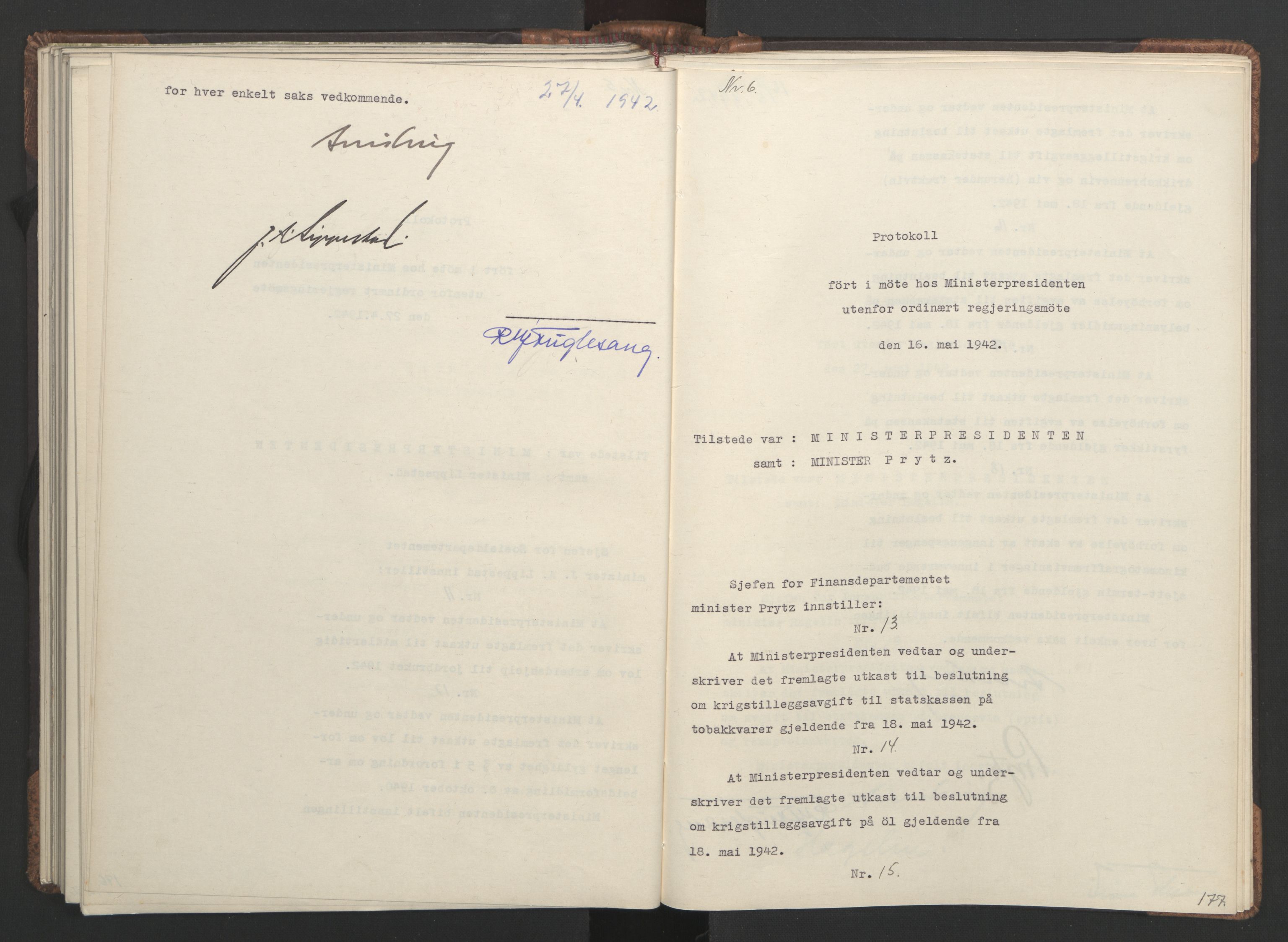 NS-administrasjonen 1940-1945 (Statsrådsekretariatet, de kommisariske statsråder mm), AV/RA-S-4279/D/Da/L0001: Beslutninger og tillegg (1-952 og 1-32), 1942, p. 181