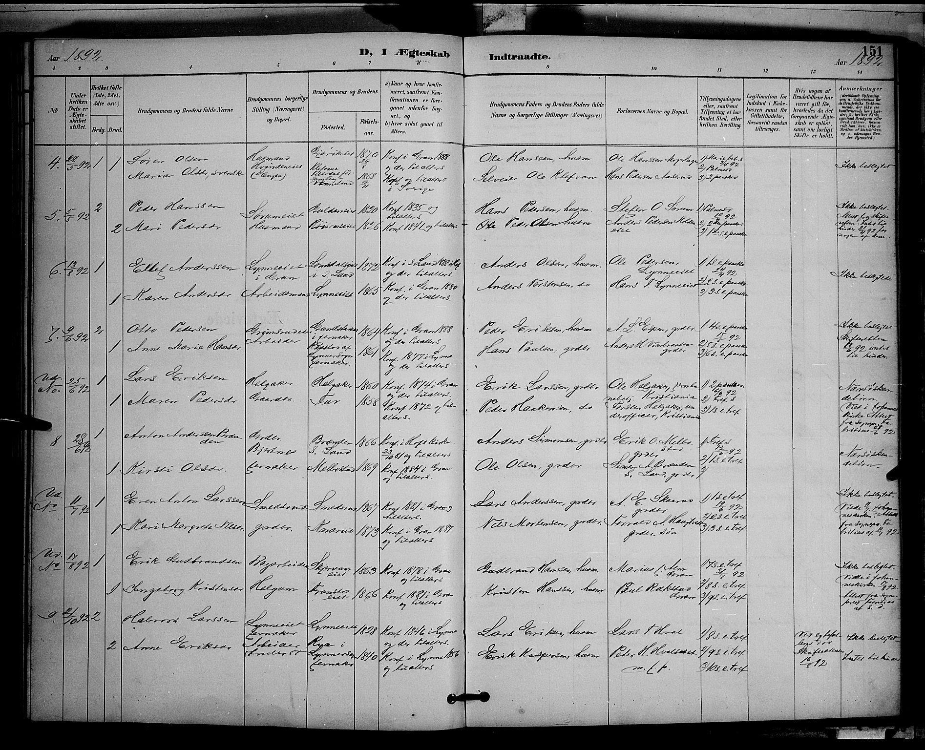 Gran prestekontor, AV/SAH-PREST-112/H/Ha/Hab/L0005: Parish register (copy) no. 5, 1892-1900, p. 151