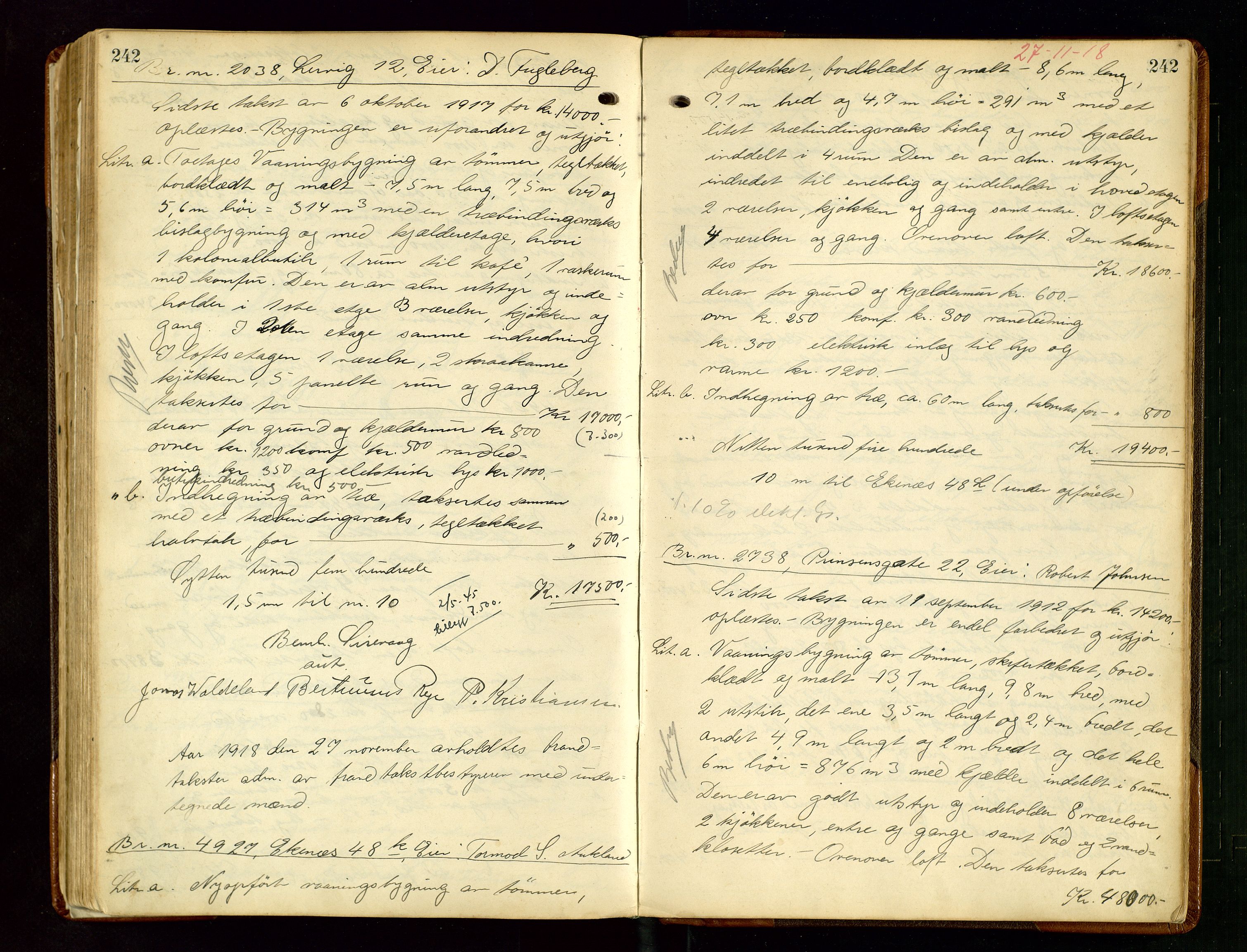 Norges Brannkasse Stavanger, AV/SAST-A-102143/F/Fd/L0016: Branntaksprotokoll nr. 27, 1916-1919, p. 242