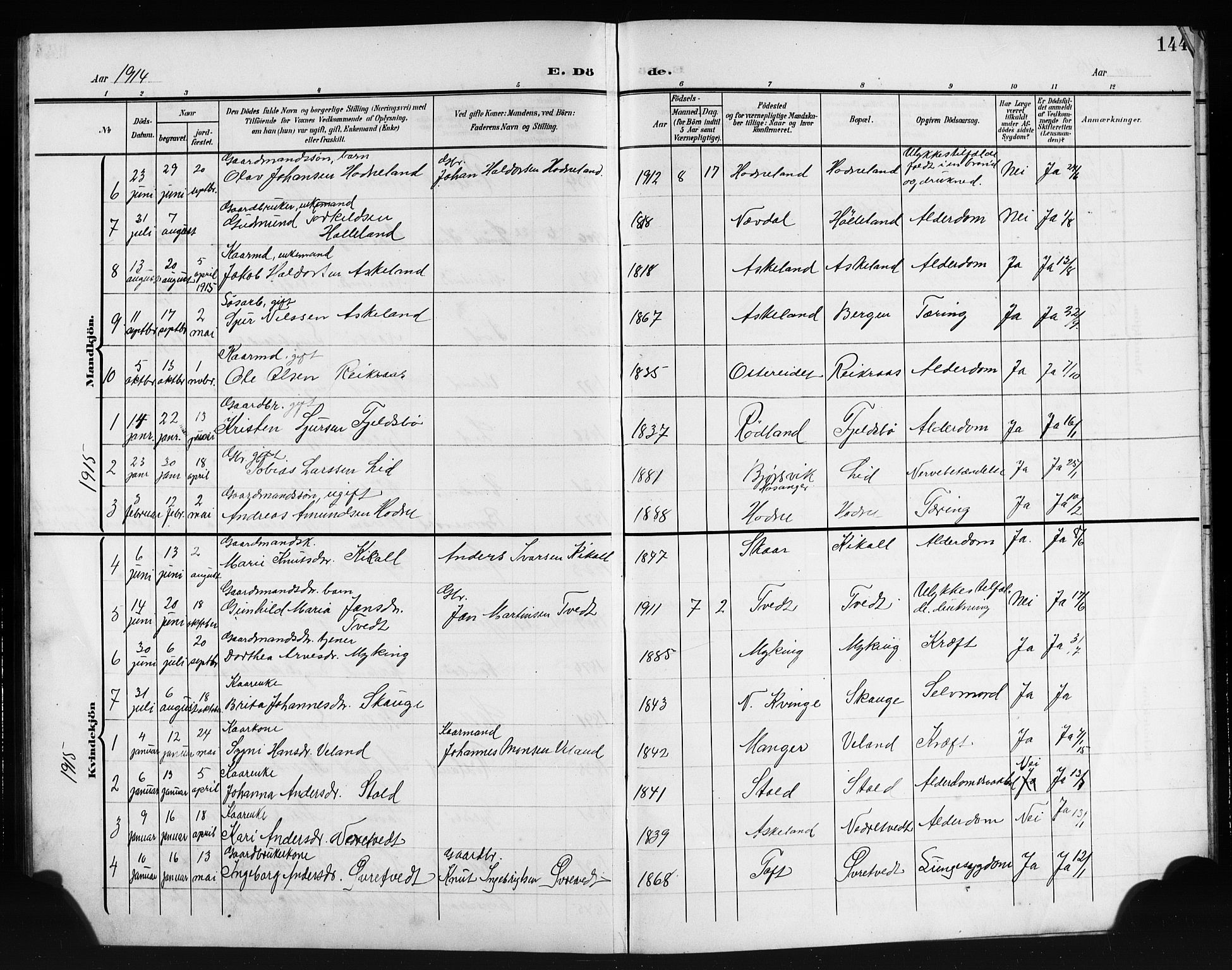 Lindås Sokneprestembete, SAB/A-76701/H/Hab: Parish register (copy) no. E 4, 1906-1921, p. 144