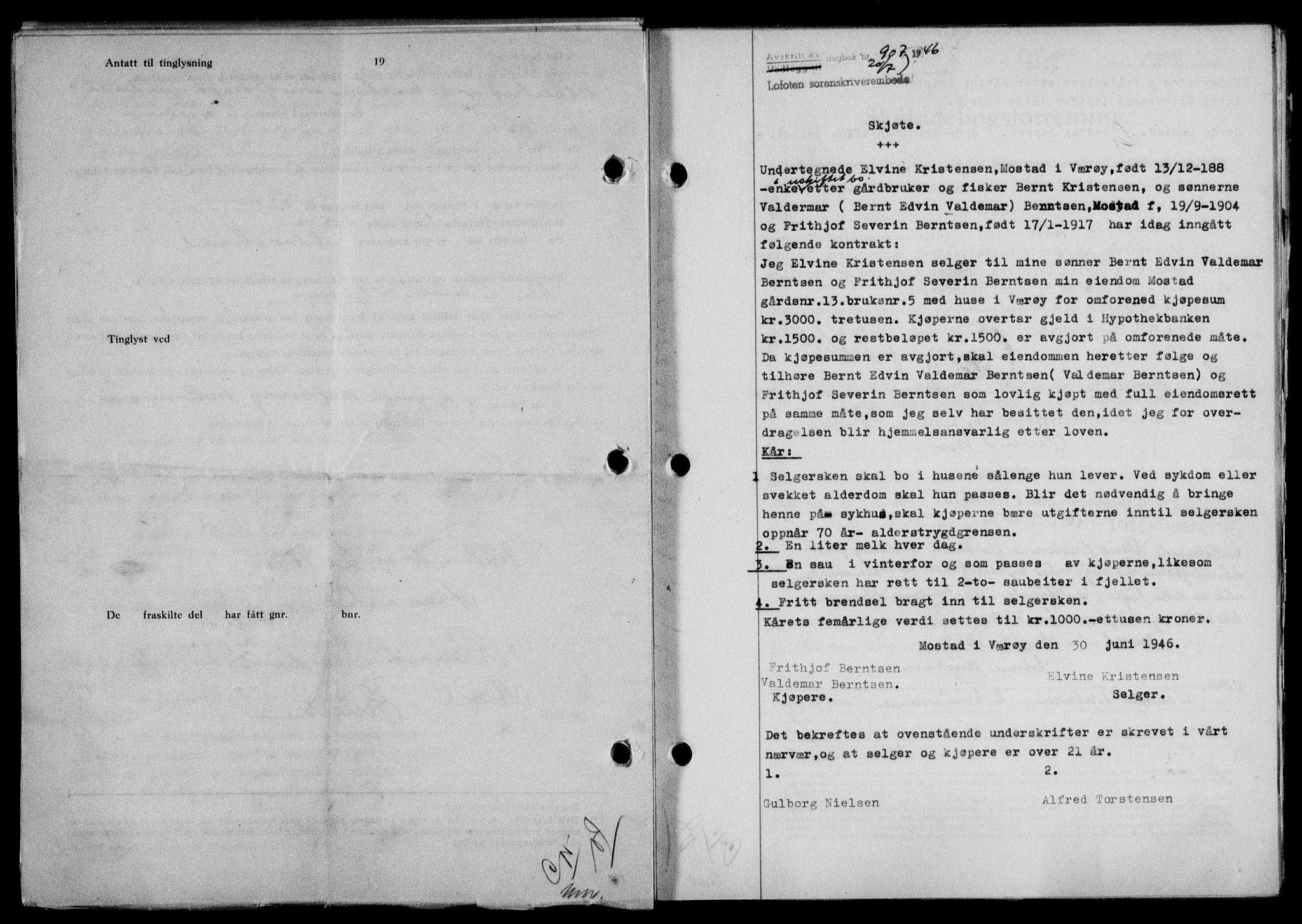 Lofoten sorenskriveri, SAT/A-0017/1/2/2C/L0014a: Mortgage book no. 14a, 1946-1946, Diary no: : 907/1946