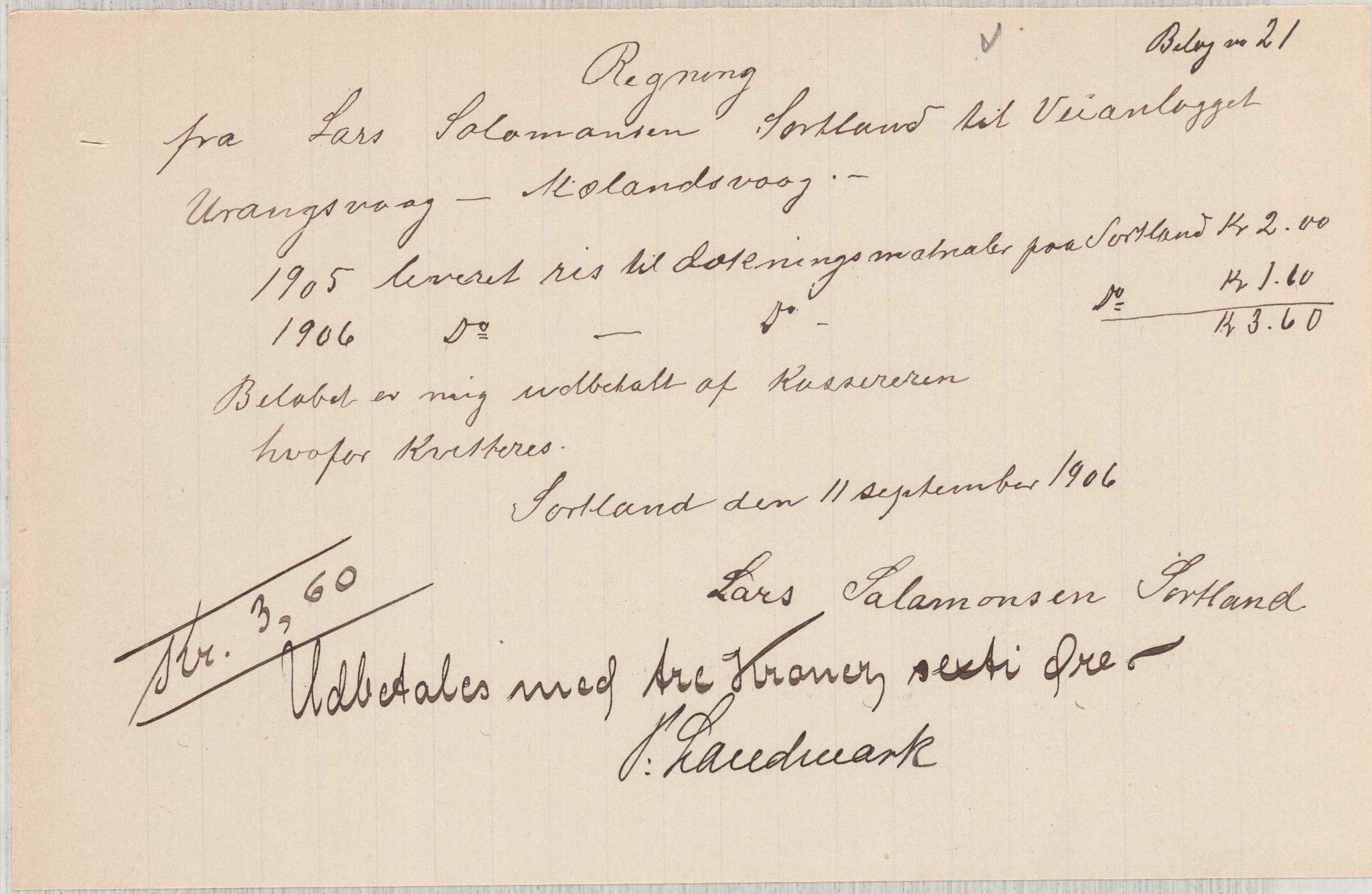 Finnaas kommune. Formannskapet, IKAH/1218a-021/E/Ea/L0002/0004: Rekneskap for veganlegg / Rekneskap for veganlegget Urangsvåg - Mælandsvåg, 1906, p. 36