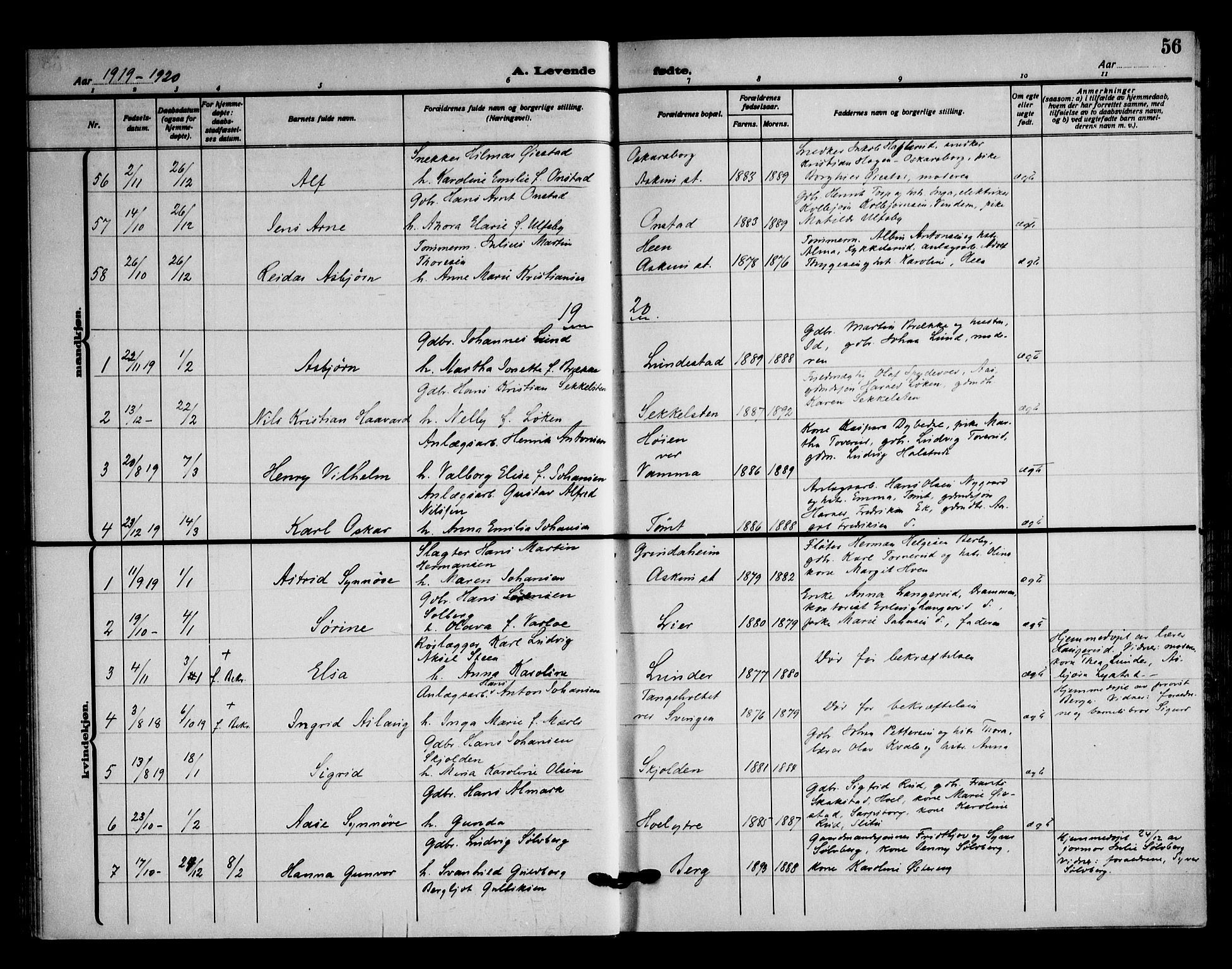Askim prestekontor Kirkebøker, AV/SAO-A-10900/F/Fa/L0009: Parish register (official) no. 9, 1913-1923, p. 56