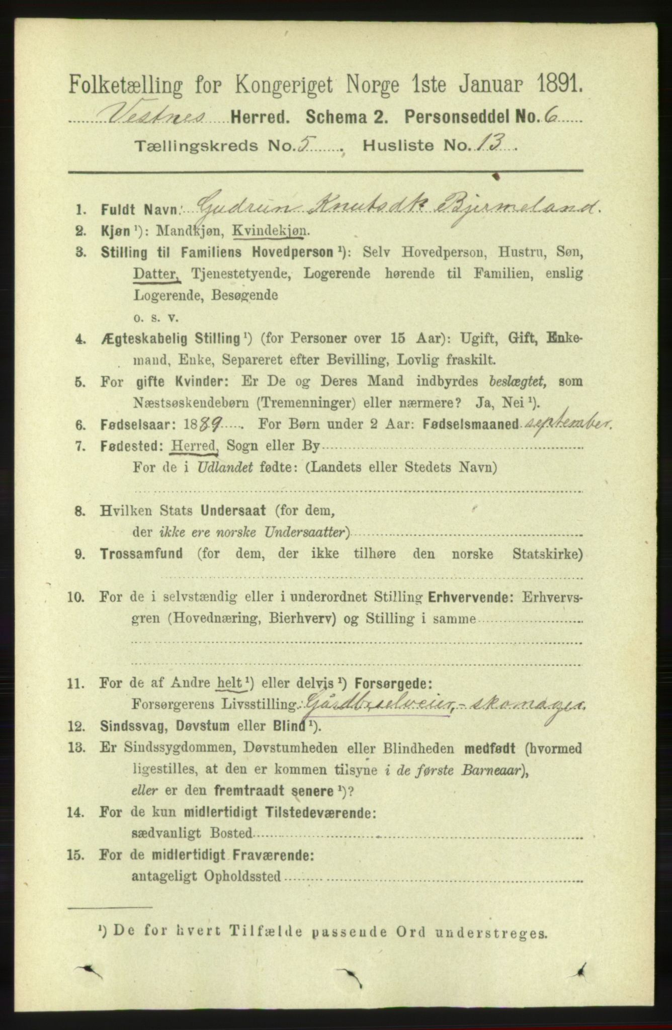 RA, 1891 census for 1535 Vestnes, 1891, p. 1886