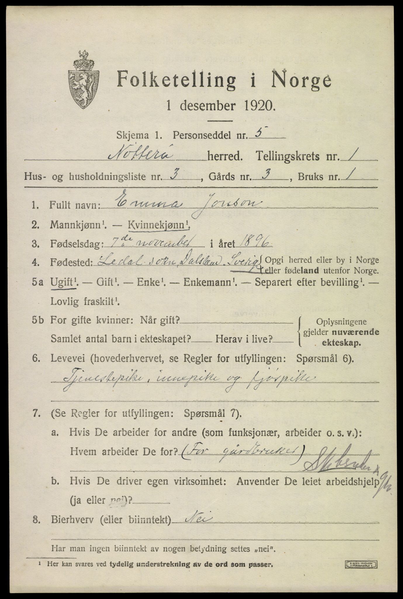 SAKO, 1920 census for Nøtterøy, 1920, p. 2855