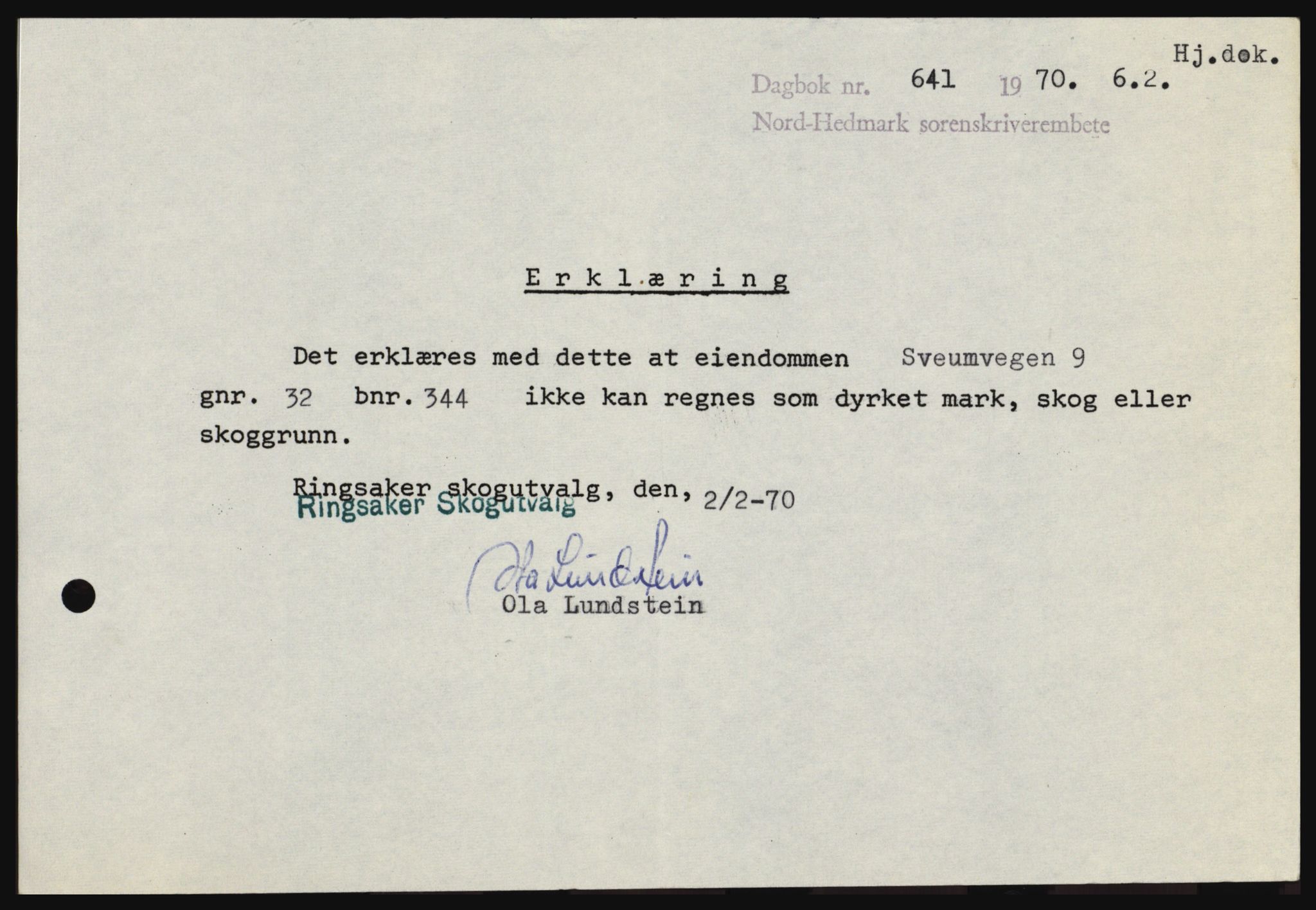 Nord-Hedmark sorenskriveri, SAH/TING-012/H/Hc/L0033: Mortgage book no. 33, 1970-1970, Diary no: : 641/1970