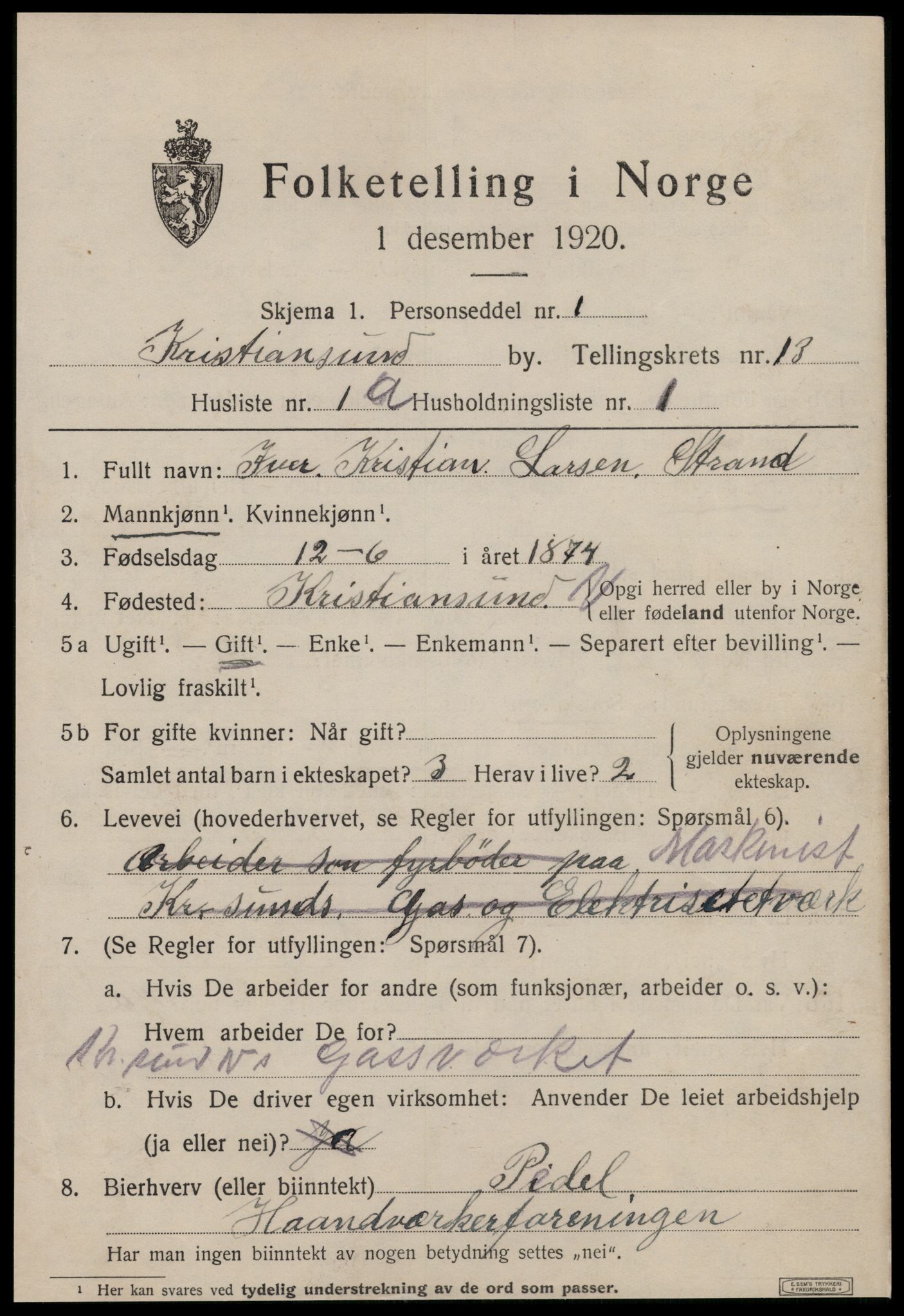 SAT, 1920 census for Kristiansund, 1920, p. 26429