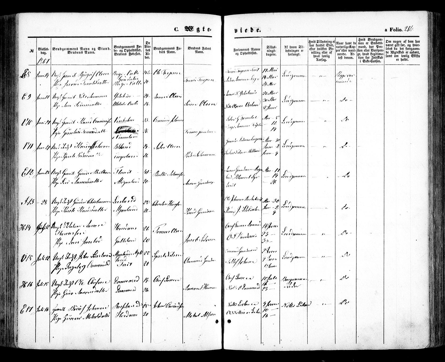 Evje sokneprestkontor, SAK/1111-0008/F/Fa/Faa/L0006: Parish register (official) no. A 6, 1866-1884, p. 286