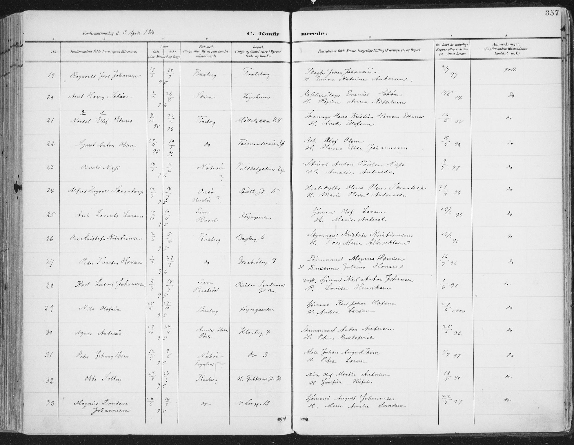 Tønsberg kirkebøker, AV/SAKO-A-330/F/Fa/L0014: Parish register (official) no. I 14, 1900-1913, p. 357