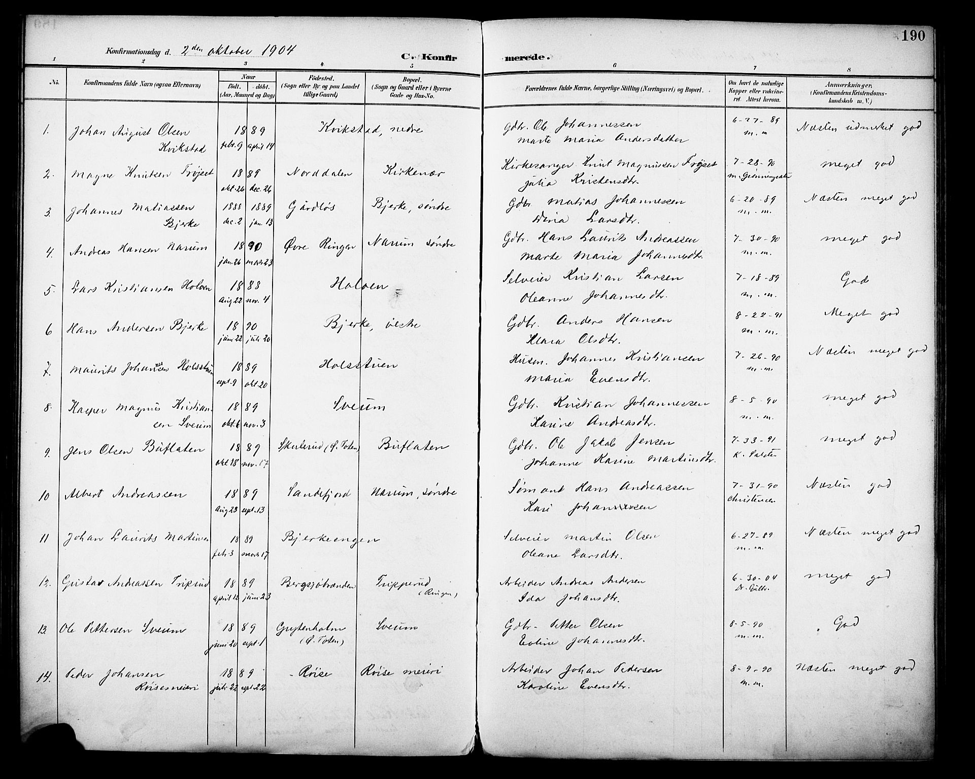 Vestre Toten prestekontor, AV/SAH-PREST-108/H/Ha/Haa/L0013: Parish register (official) no. 13, 1895-1911, p. 190