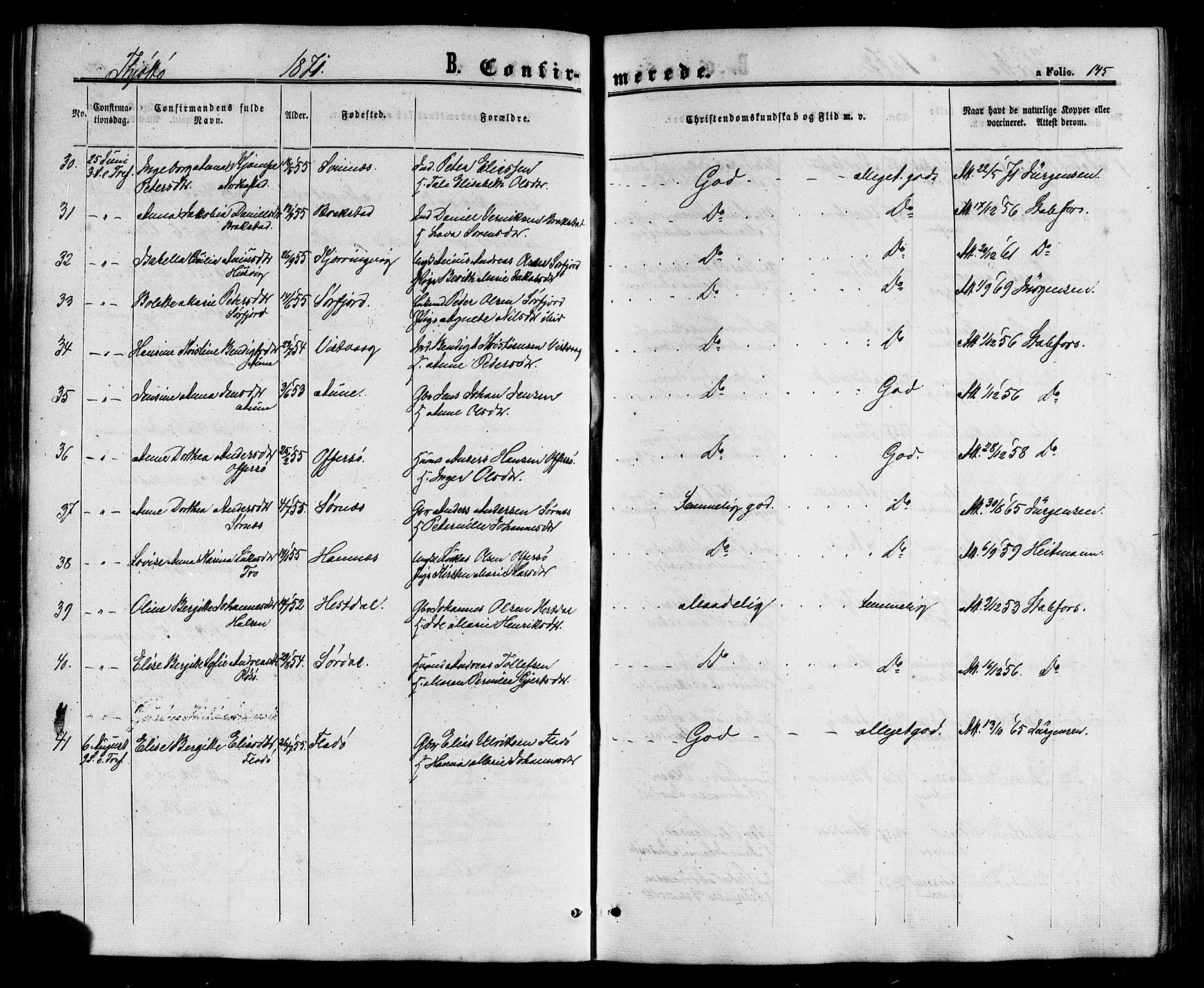 Ministerialprotokoller, klokkerbøker og fødselsregistre - Nordland, SAT/A-1459/817/L0262: Parish register (official) no. 817A03/ 1, 1862-1877, p. 145