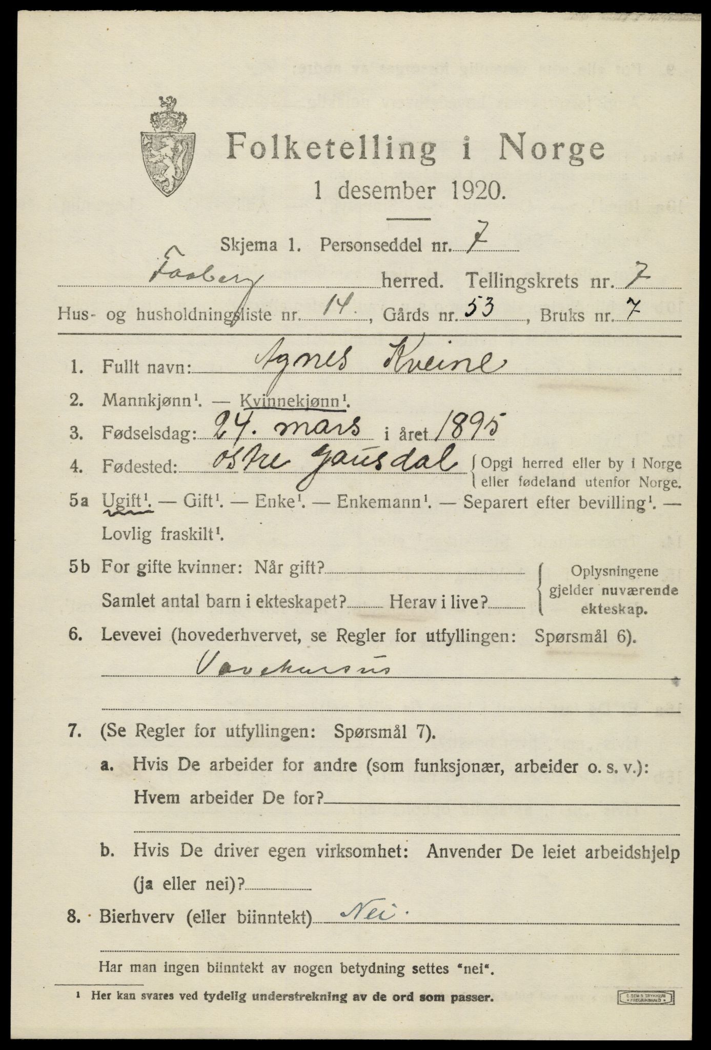 SAH, 1920 census for Fåberg, 1920, p. 7988