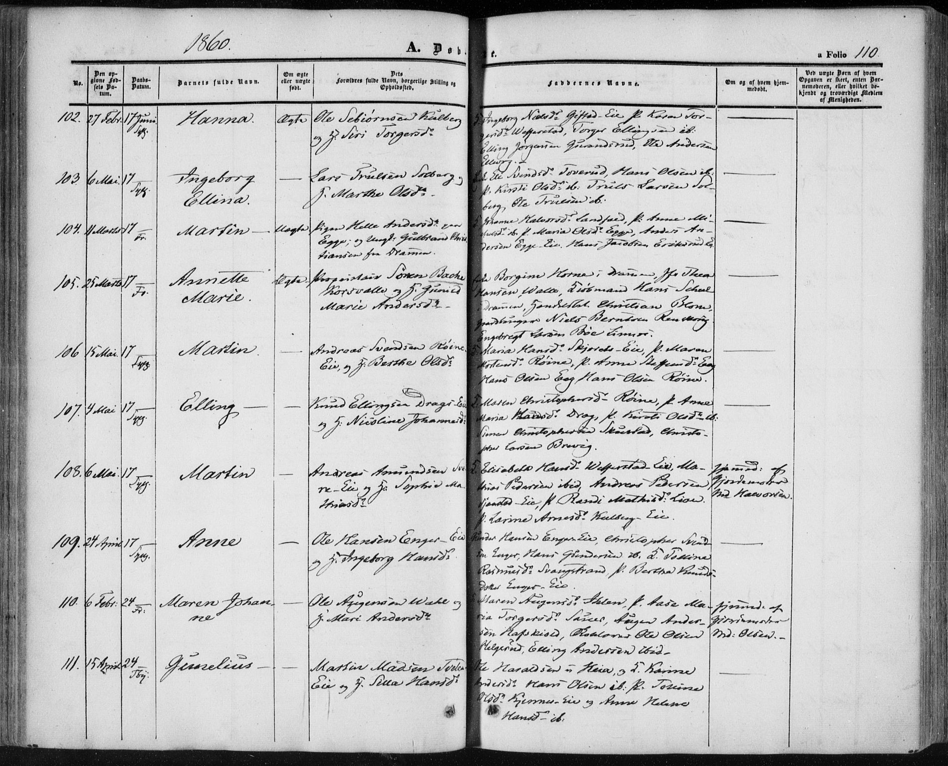 Lier kirkebøker, AV/SAKO-A-230/F/Fa/L0012: Parish register (official) no. I 12, 1854-1864, p. 110