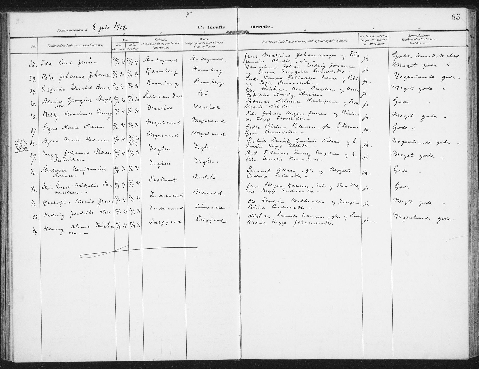 Ministerialprotokoller, klokkerbøker og fødselsregistre - Nordland, SAT/A-1459/885/L1206: Parish register (official) no. 885A07, 1905-1915, p. 85