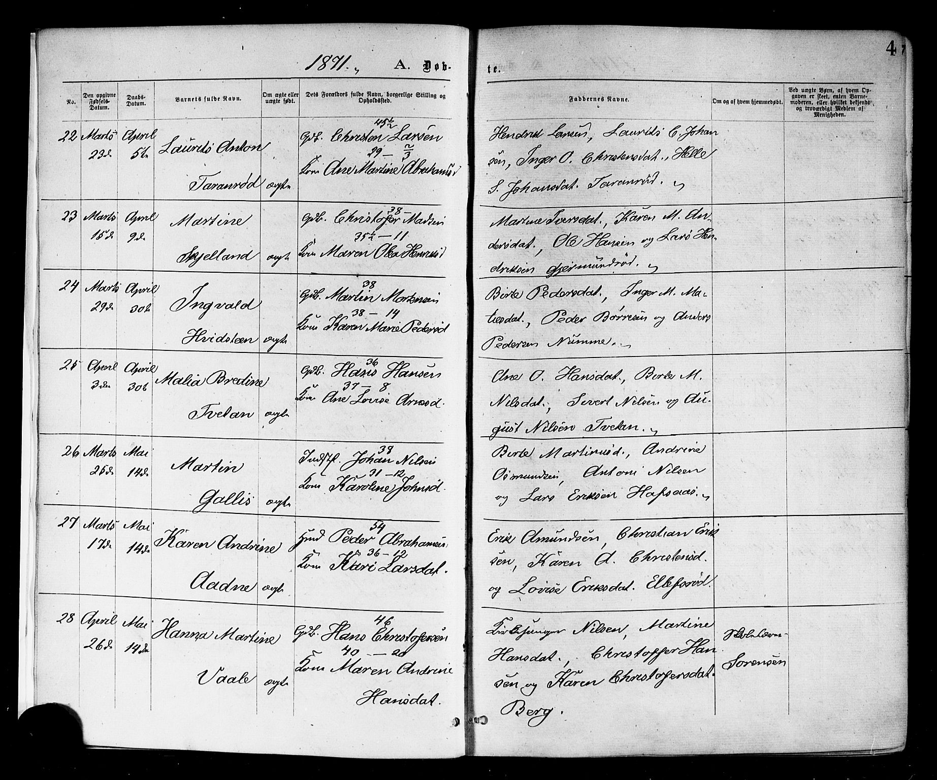 Andebu kirkebøker, AV/SAKO-A-336/F/Fa/L0006: Parish register (official) no. I 6, 1871-1878, p. 4