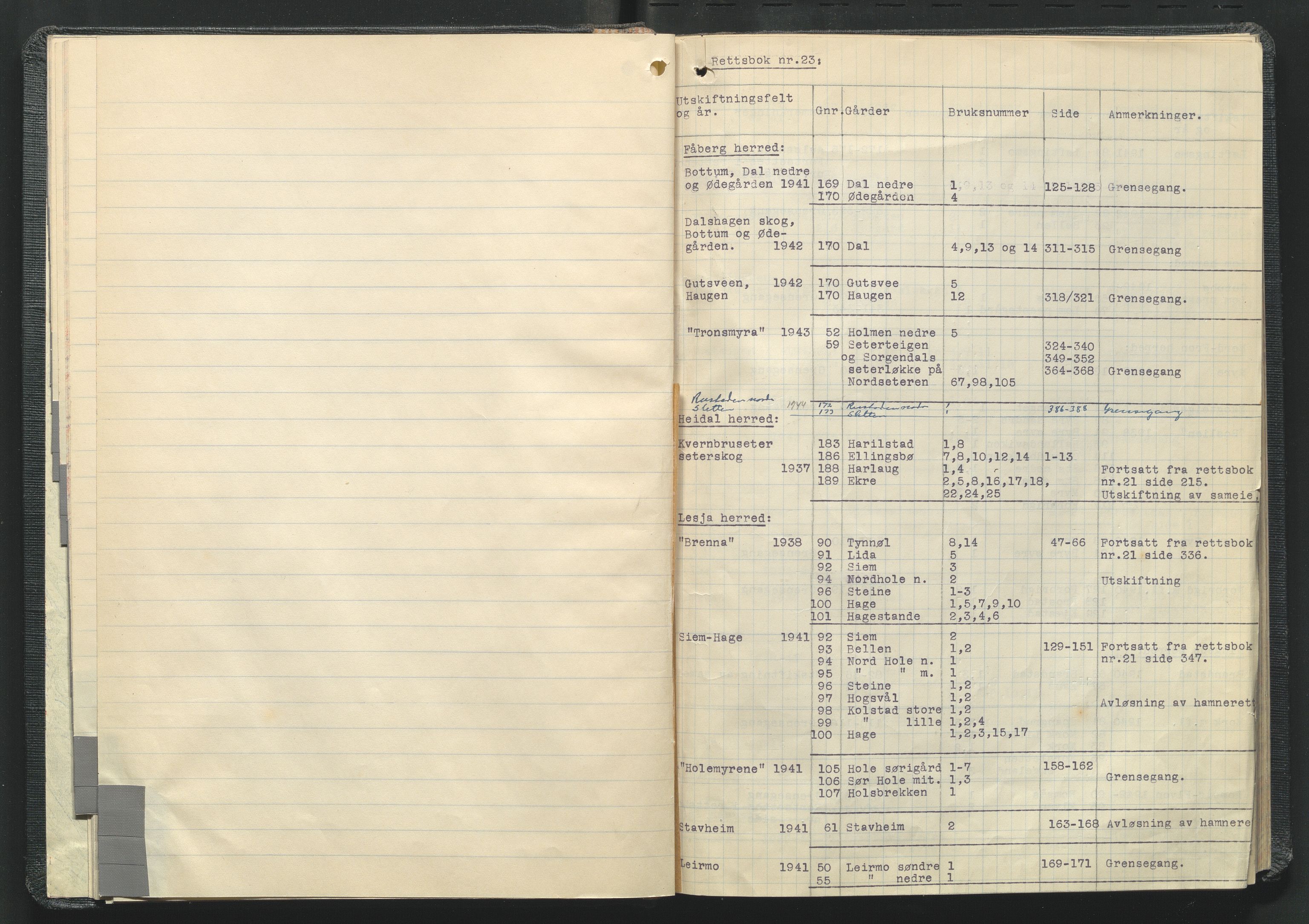 Utskiftningsformannen i Oppland fylke, AV/SAH-JORDSKIFTEO-001/G/Ga/L0012/0001: Rettsbøker / Rettsbok - protokoll nr. 23, 1937-1944