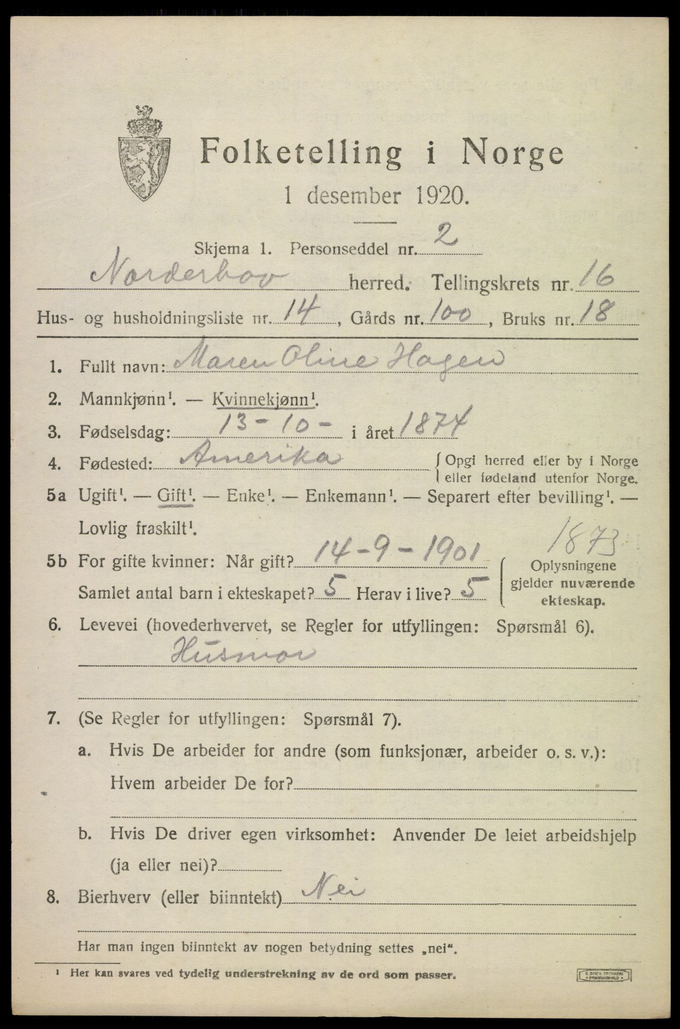 SAKO, 1920 census for Norderhov, 1920, p. 17796