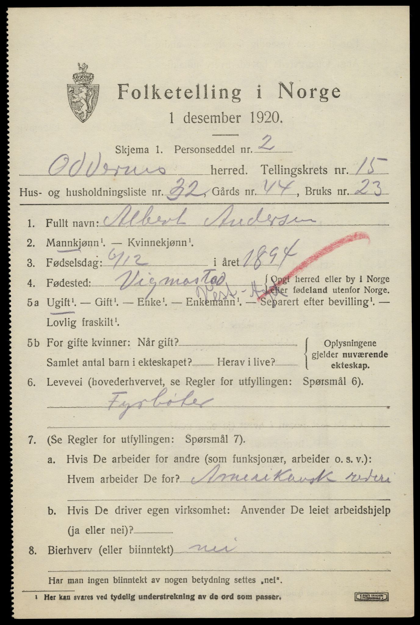 SAK, 1920 census for Oddernes, 1920, p. 10343