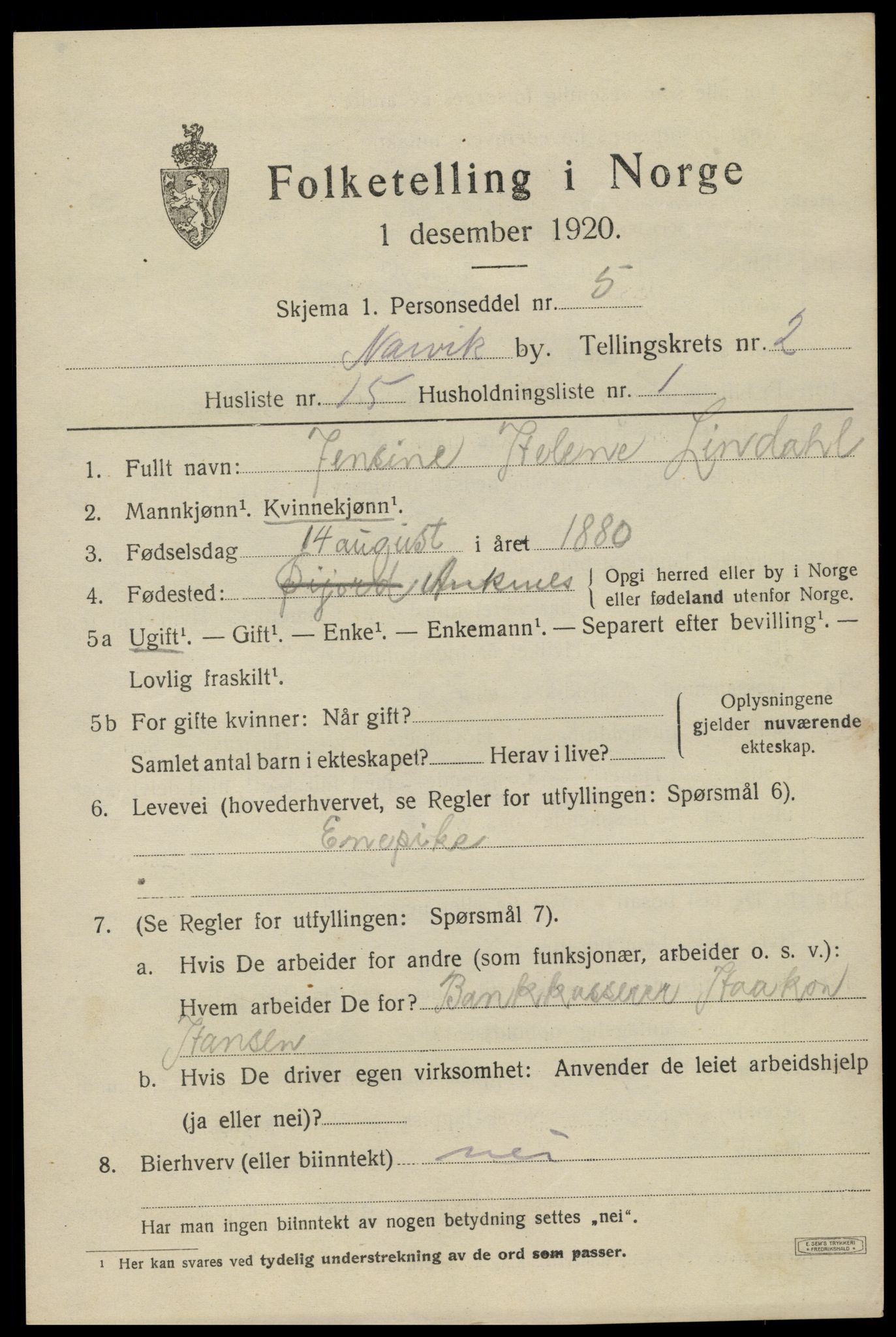 SAT, 1920 census for Narvik, 1920, p. 8230