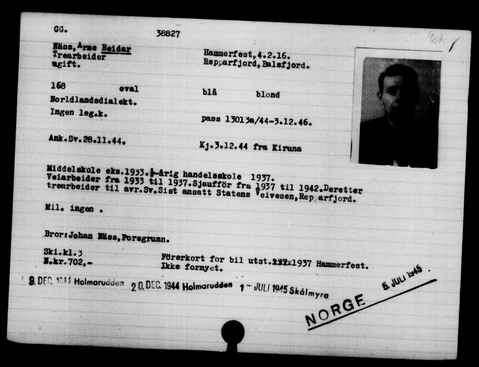 Utenriksstasjonene, Legasjonen i Stockholm, Flyktningkontoret, AV/RA-S-6753/V/Va/L0015: Kjesäterkartoteket, flyktninger med registreringsnr. 37800-40770, 1940-1945, p. 1056