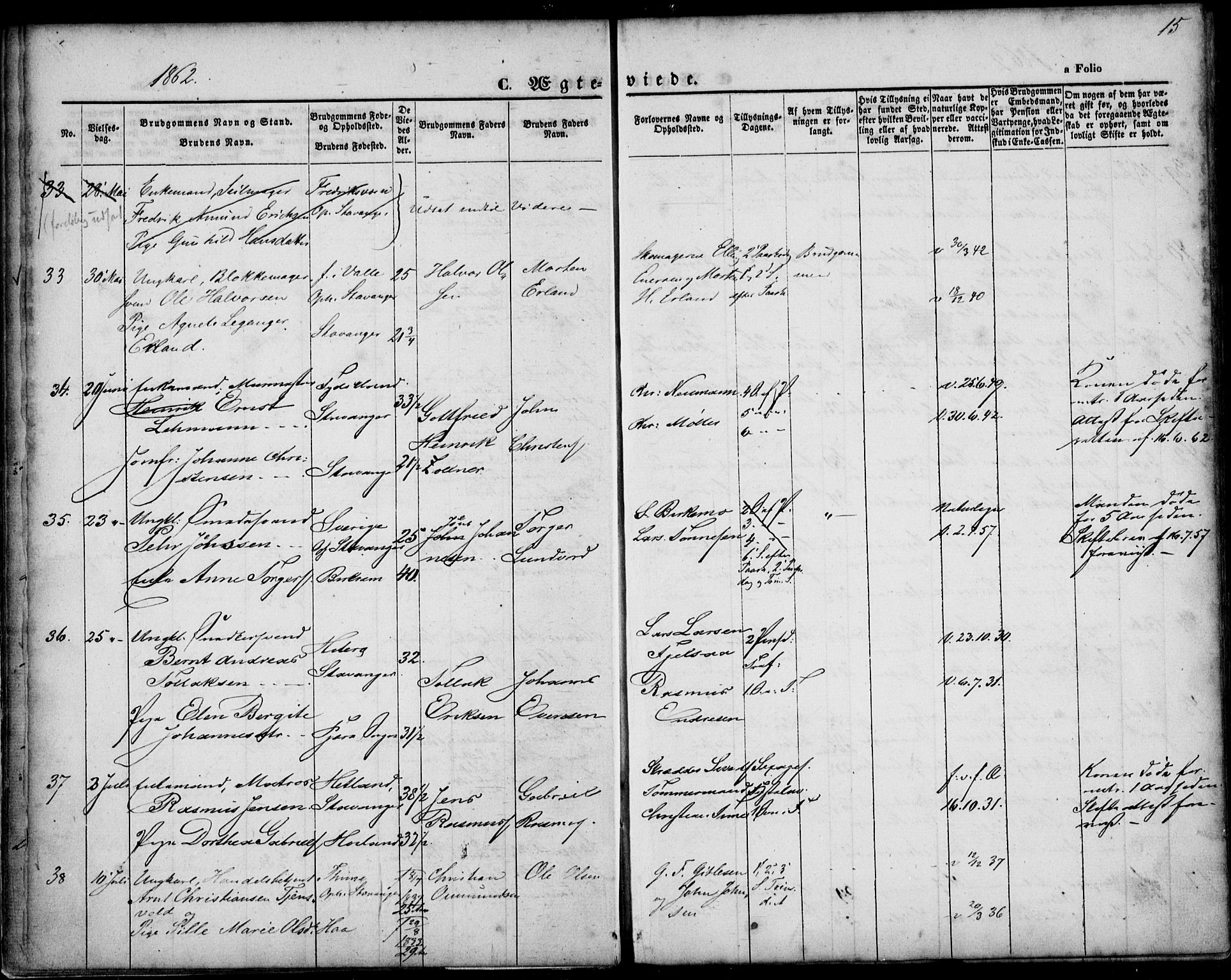 St. Petri sokneprestkontor, AV/SAST-A-101813/001/30/30BA/L0002: Parish register (official) no. A 2, 1861-1869, p. 15