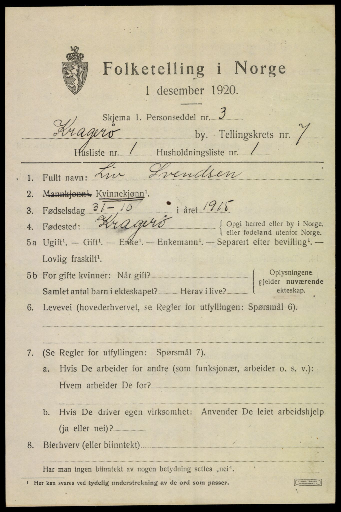 SAKO, 1920 census for Kragerø, 1920, p. 9723