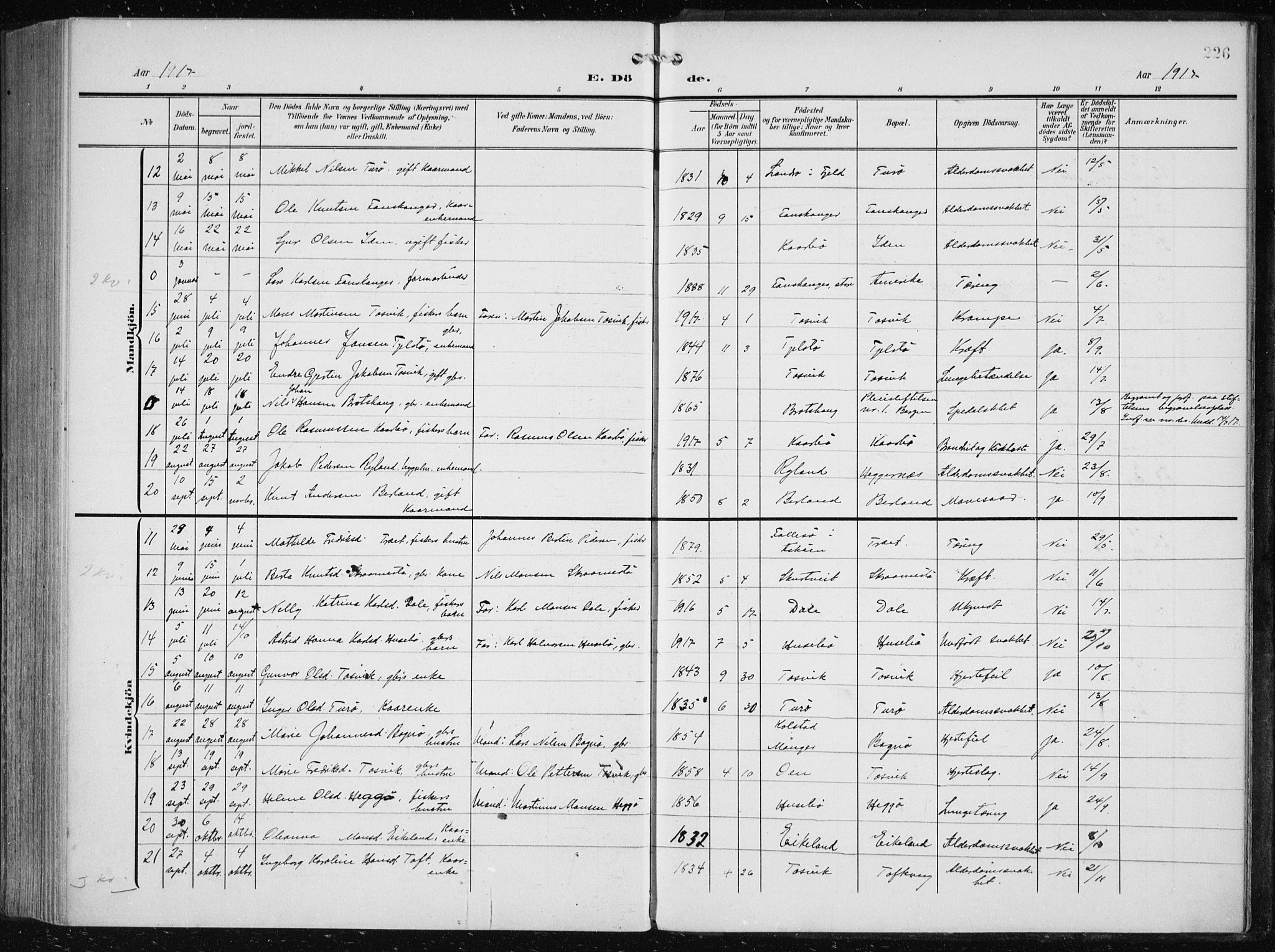 Herdla Sokneprestembete, SAB/A-75701/H/Haa: Parish register (official) no. A 5, 1905-1918, p. 226