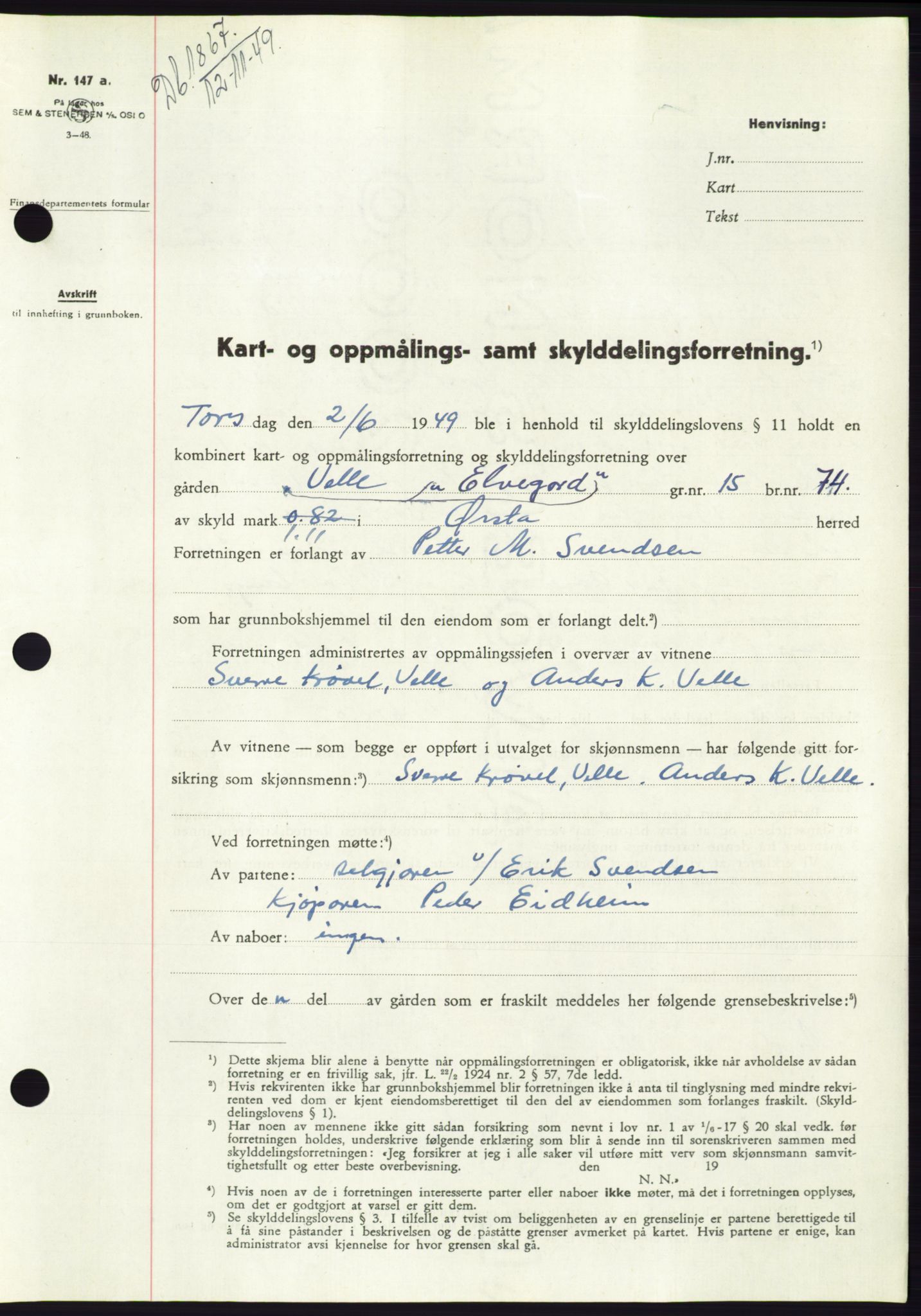 Søre Sunnmøre sorenskriveri, AV/SAT-A-4122/1/2/2C/L0085: Mortgage book no. 11A, 1949-1949, Diary no: : 1867/1949