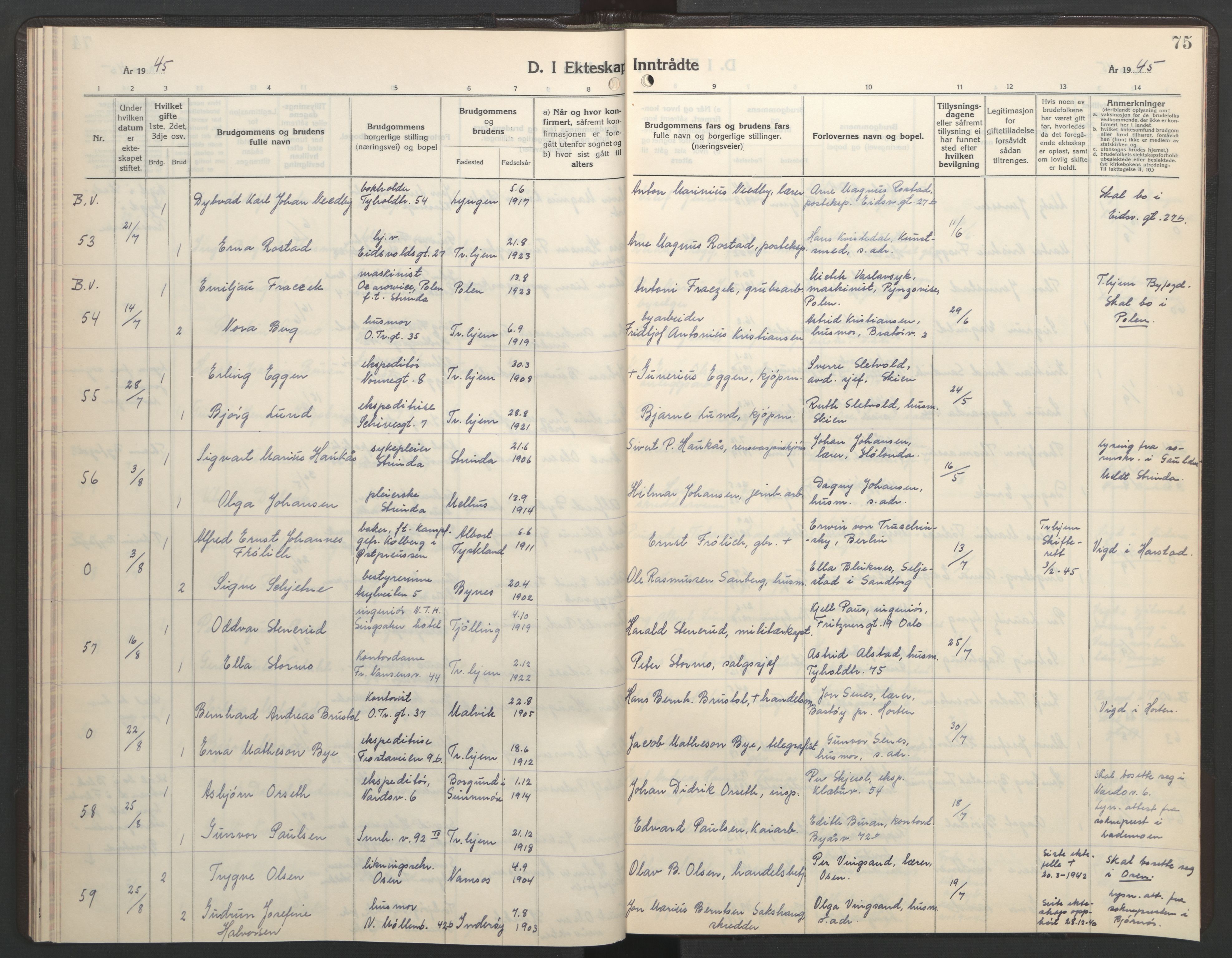 Ministerialprotokoller, klokkerbøker og fødselsregistre - Sør-Trøndelag, SAT/A-1456/602/L0154: Parish register (copy) no. 602C22, 1940-1947, p. 75